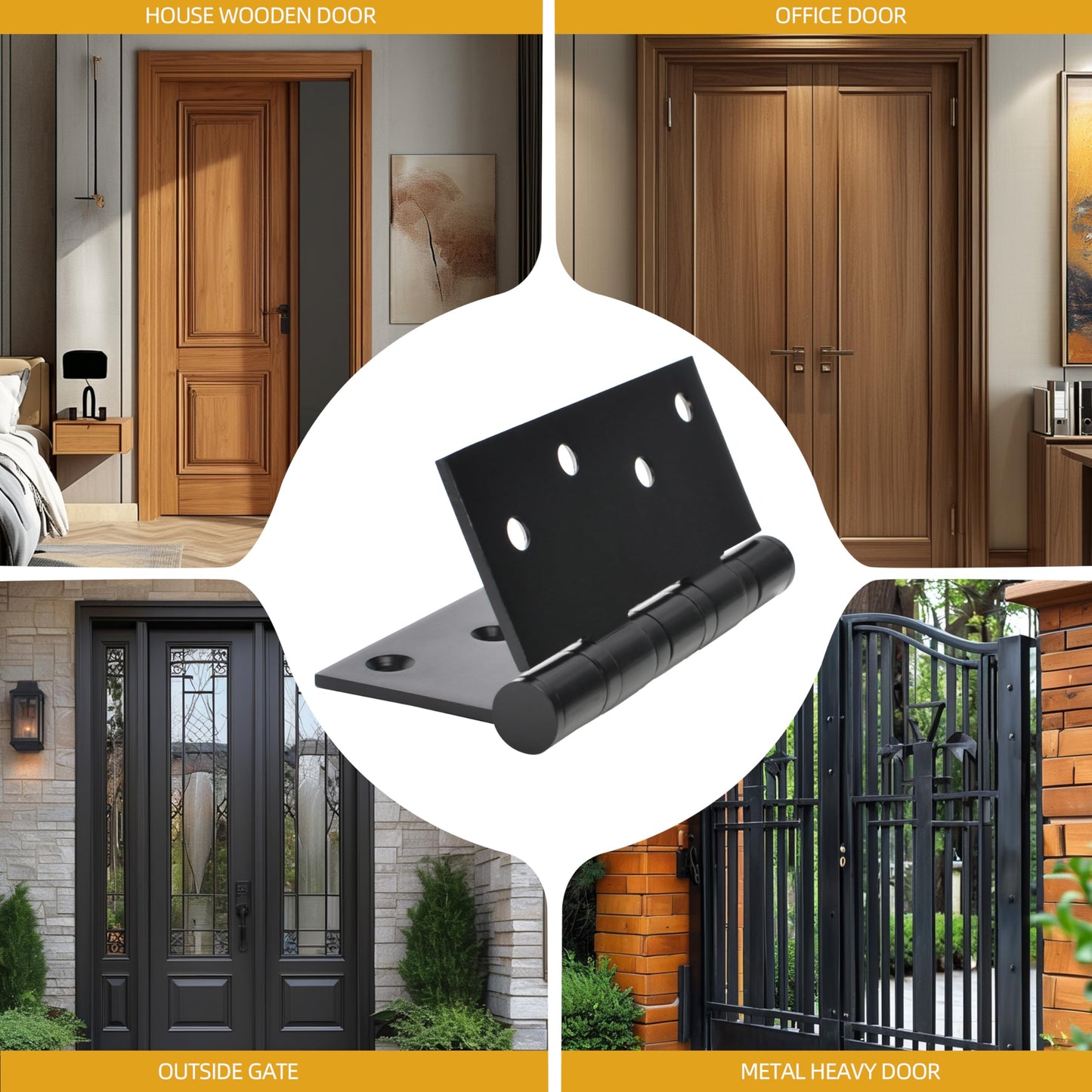 3 Pack 4 inch X 4 inch Heavy Duty Black Door Hinge, Interior & Exterior Door Hinges with Square Corner Ball Bearing, 0.11" Thickness Stainless Steel, with 24 Screws (Matte Black Hinge)