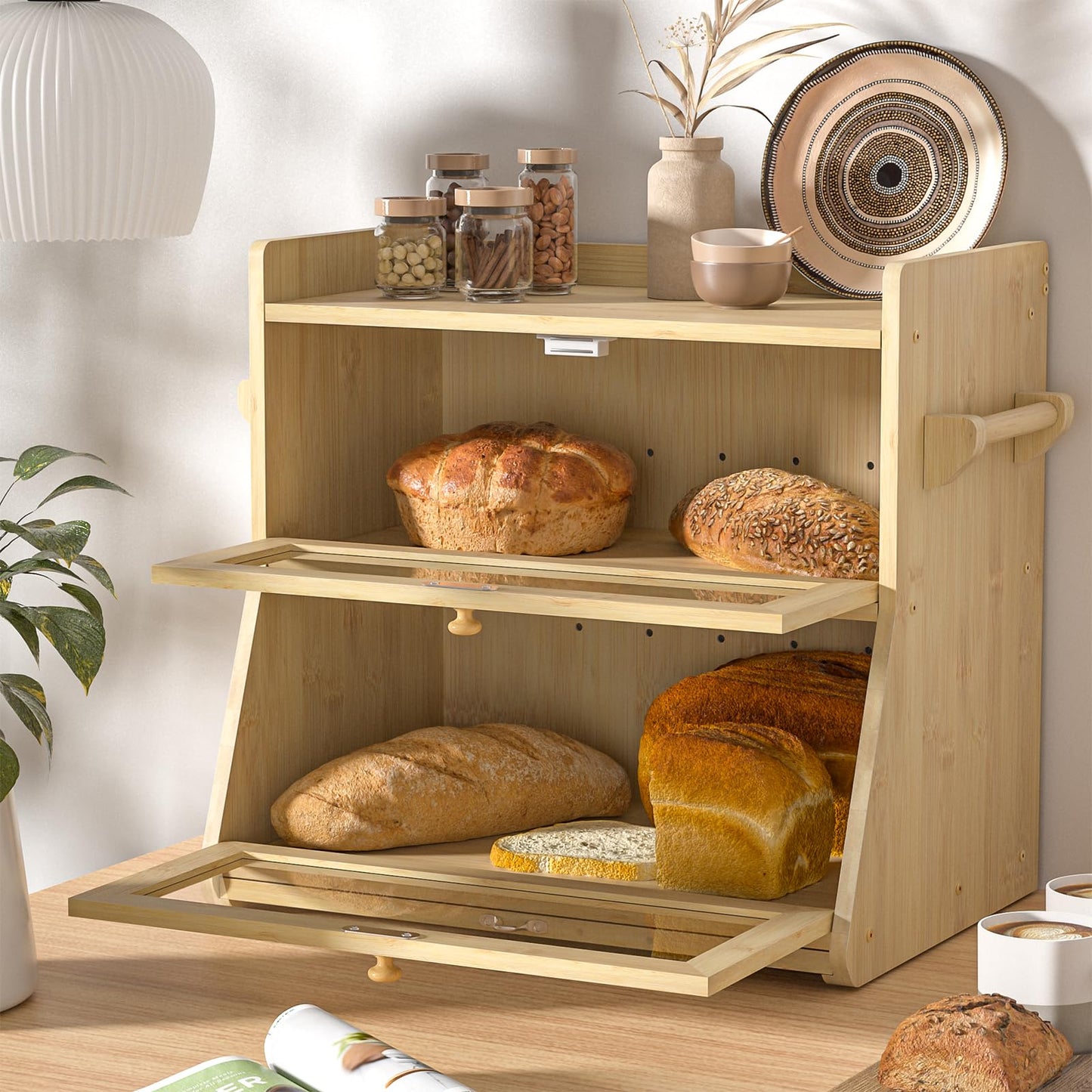 Giluta Double Layer Bread Box for Kitchen Counter, Large Bread Storage Container with Clear Acrylic Door, Bamboo Farmhouse Bread Organizer Countertop Breadbox