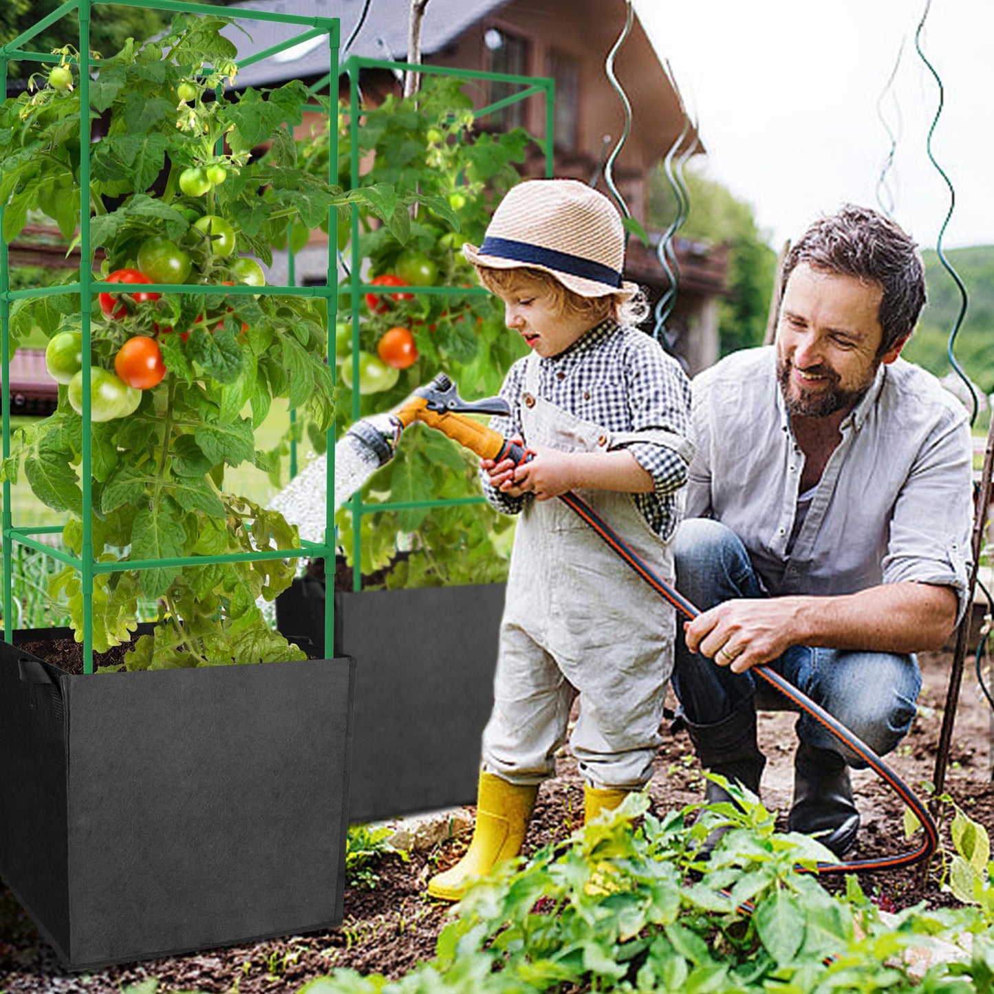 3 Packs 47 x 16 x 16 Inch Garden Tomato Cages with 17.7 Gallon Grow Bags- Square Plant Support Trellis Assembled with Felt Planter Bags- Garden Cucumber Vegetables Frames for Vertical Climbing Plants