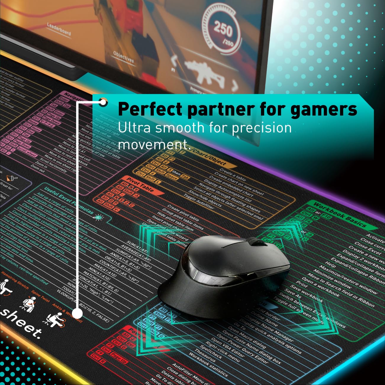 Excel Cheat Sheet LED Desk Pad | Excel Shortcut Keys Mouse Pad - Colorful RGB Luminous Extended Large Gaming Mousepad| PC Office Spreadsheet Keyboard Mat| Non-Slip Stitched Edge Desk Mat