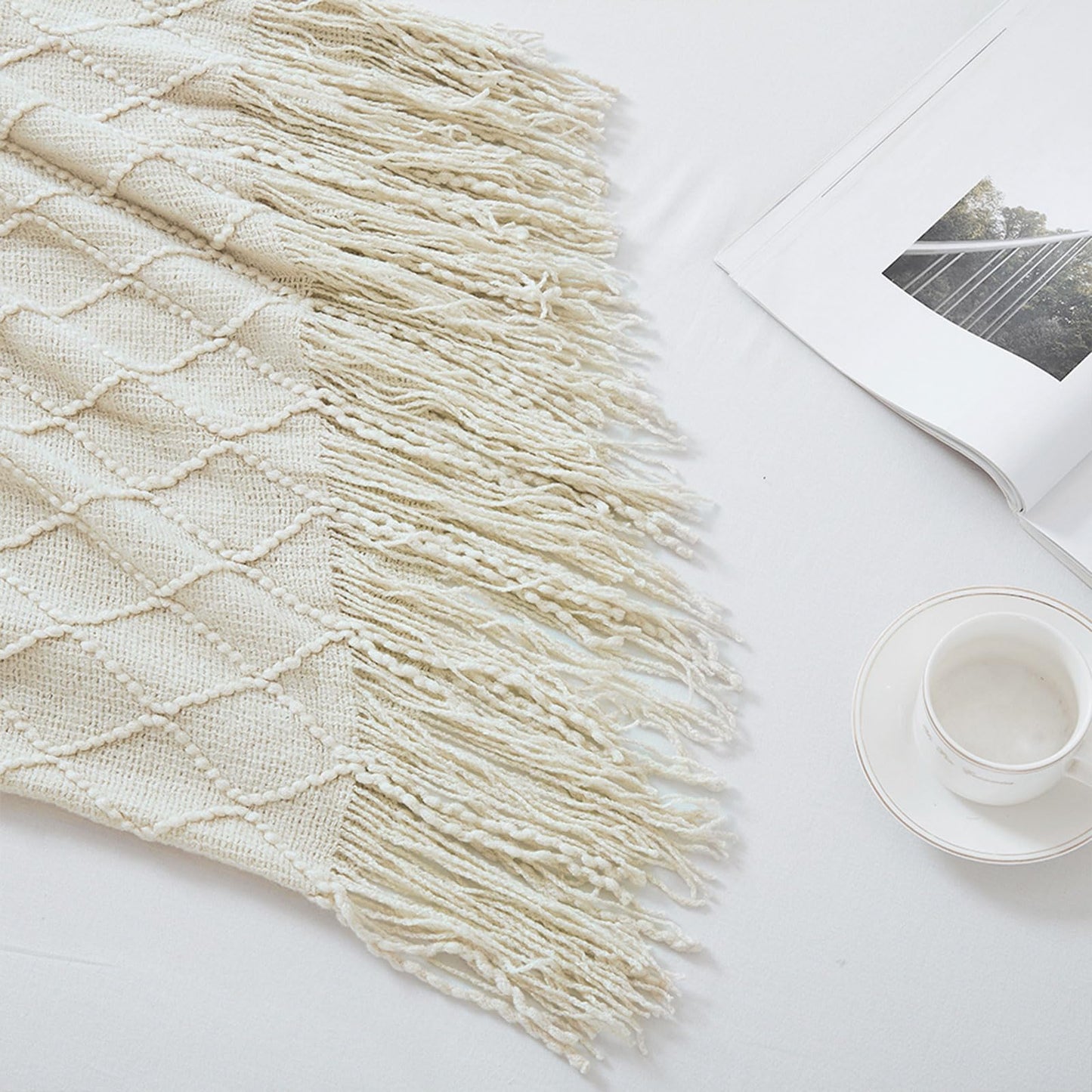 BOURINA Throw Blanket Textured Solid Soft Sofa Couch Decorative Knitted Blanket (Beige,50x60 inches)