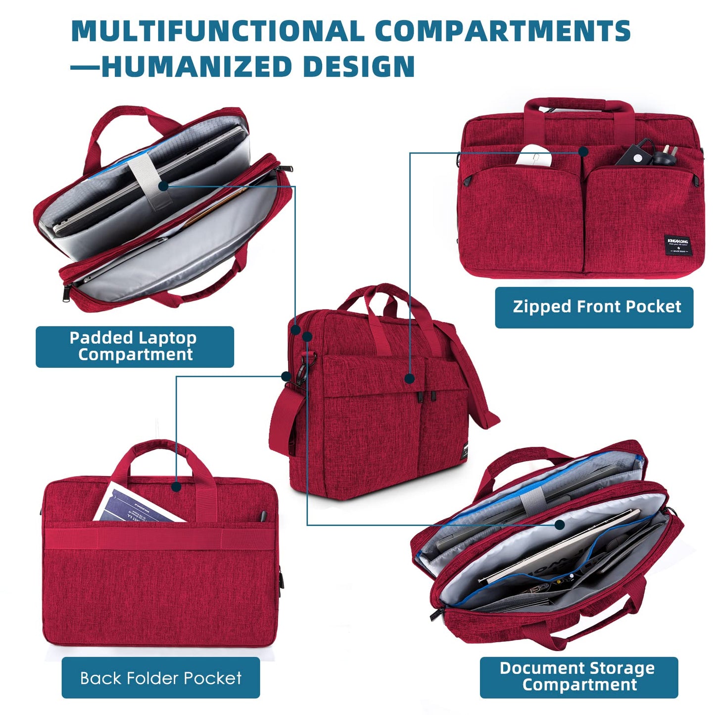 KINGSLONG 17.3 inch Laptop Briefcase Bag for Men Women, Laptop Shoulder Bag with Shoulder Strap, Water Resistant Business Crossbody Bag, Computer Bag for Asus Acer Dell Thinkpad, Red