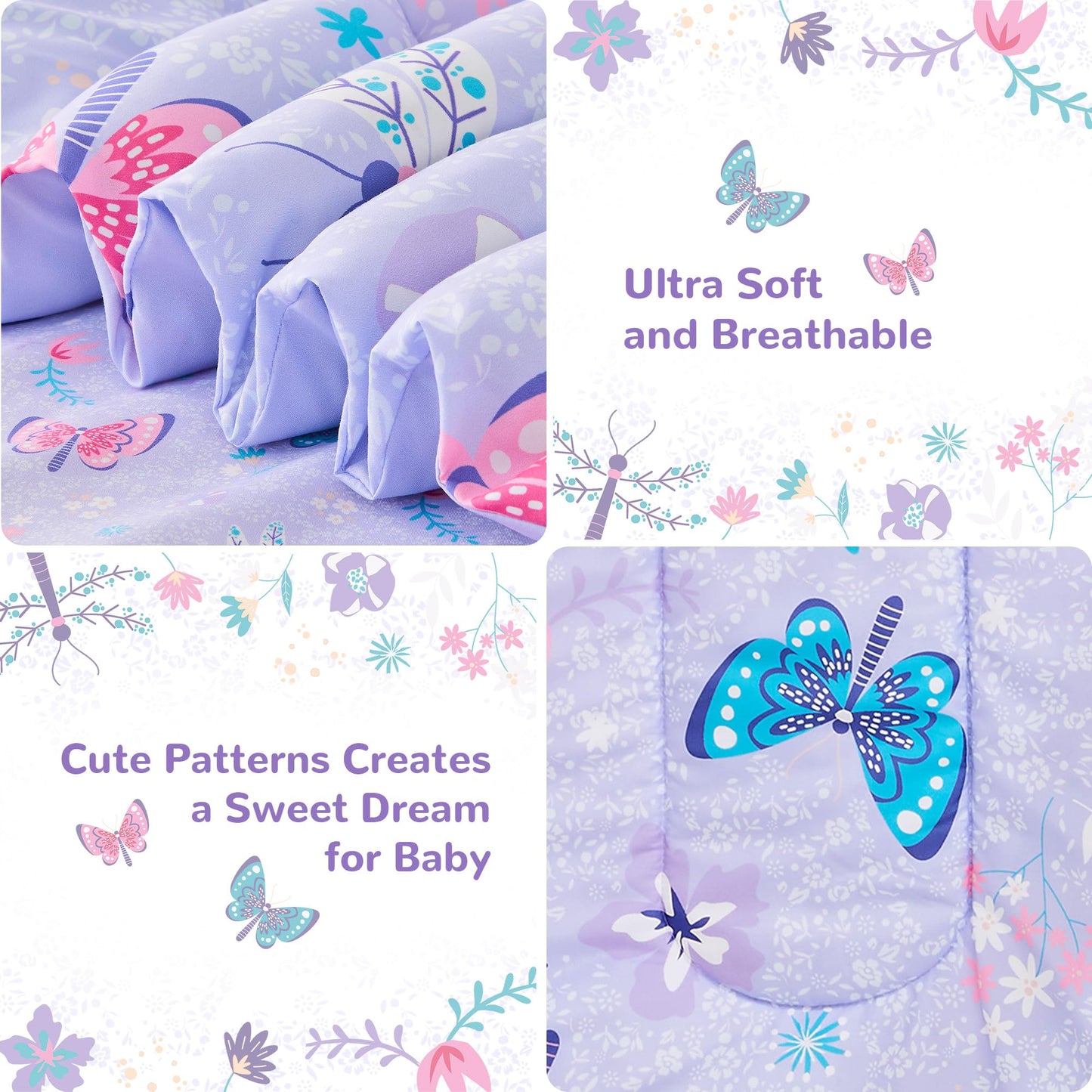 Lasoftan Butterfly Toddler Bedding Set for Girls, 4 Piece Bed-in-a-Bag Toddler Comforter Sets, Super Soft and Comfortable Microfiber Todeeler Bed Set