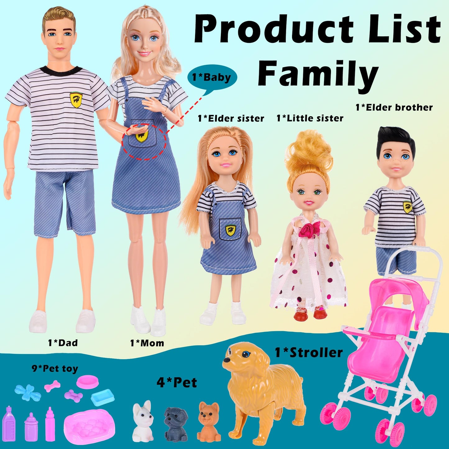 Family Dollhouse Dolls Playset - 6 People, Pets & Accessories for 3-12 Years Old | Toddler Gift with Pregnant Mom, Dad, 3 Kids, Dogs, and Interactive Play