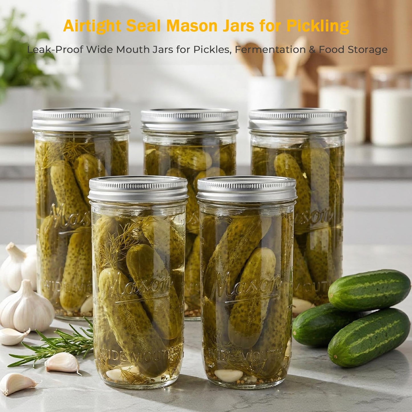 Wide Mouth 24 oz Mason Jars with Lids and Bands, 6 Pack Glass Canning Jars for Pickling,Jam Preserving,Food Storage