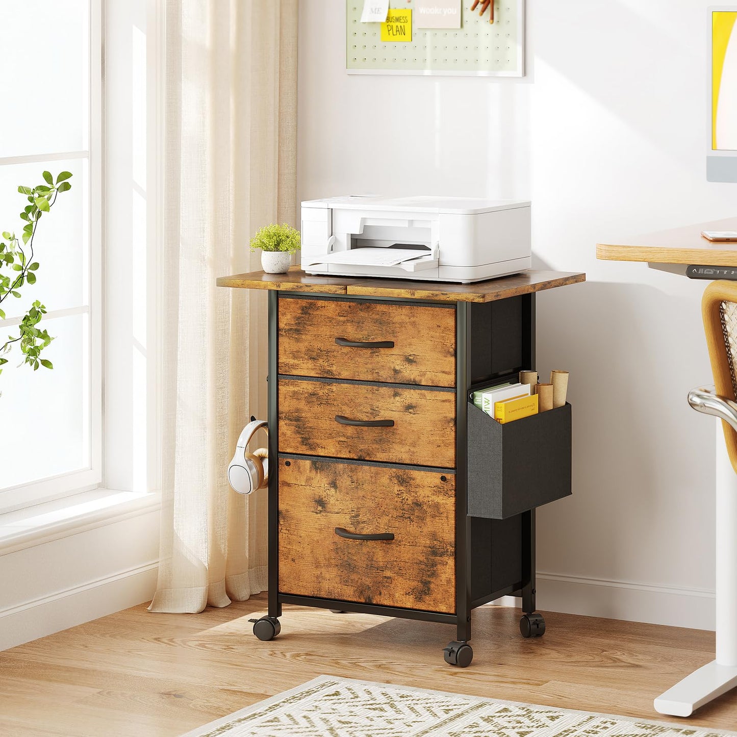 Flrrtenv File Cabinet with Extended Tabletop, Mobile Filing Cabinet with 3 Fabric Drawers and Storage Bag, Printer Stand for Home Office, Night Stand for Bedroom, Rustic Brown