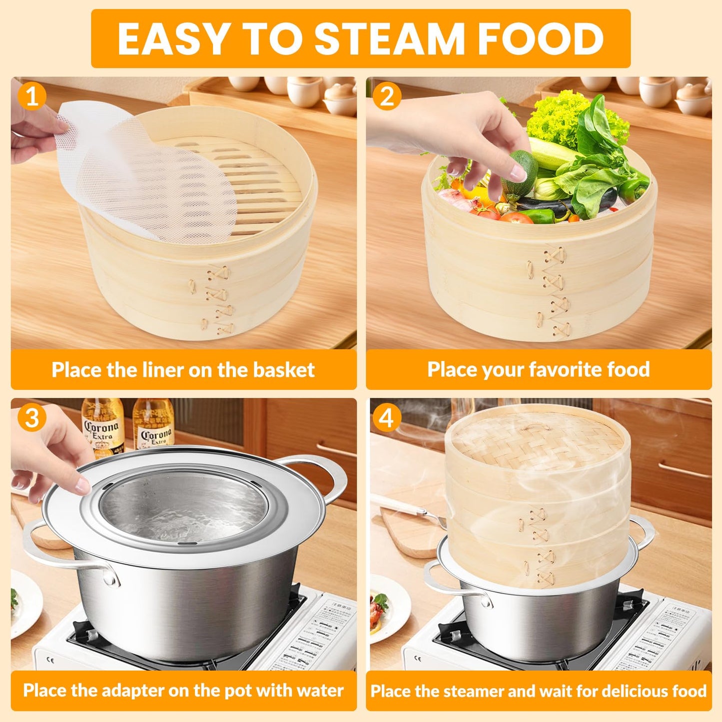 62 PCS 10 Inch 2 Tier Bamboo Steamer, Bamboo Steamer Basket, Dim Sum Basket, with 1Ring Adapter, 2Reusable Silicone Liner, 2 pairs of chopsticks, 2Sauce Dishes, 50Paper Liners, 1Ring