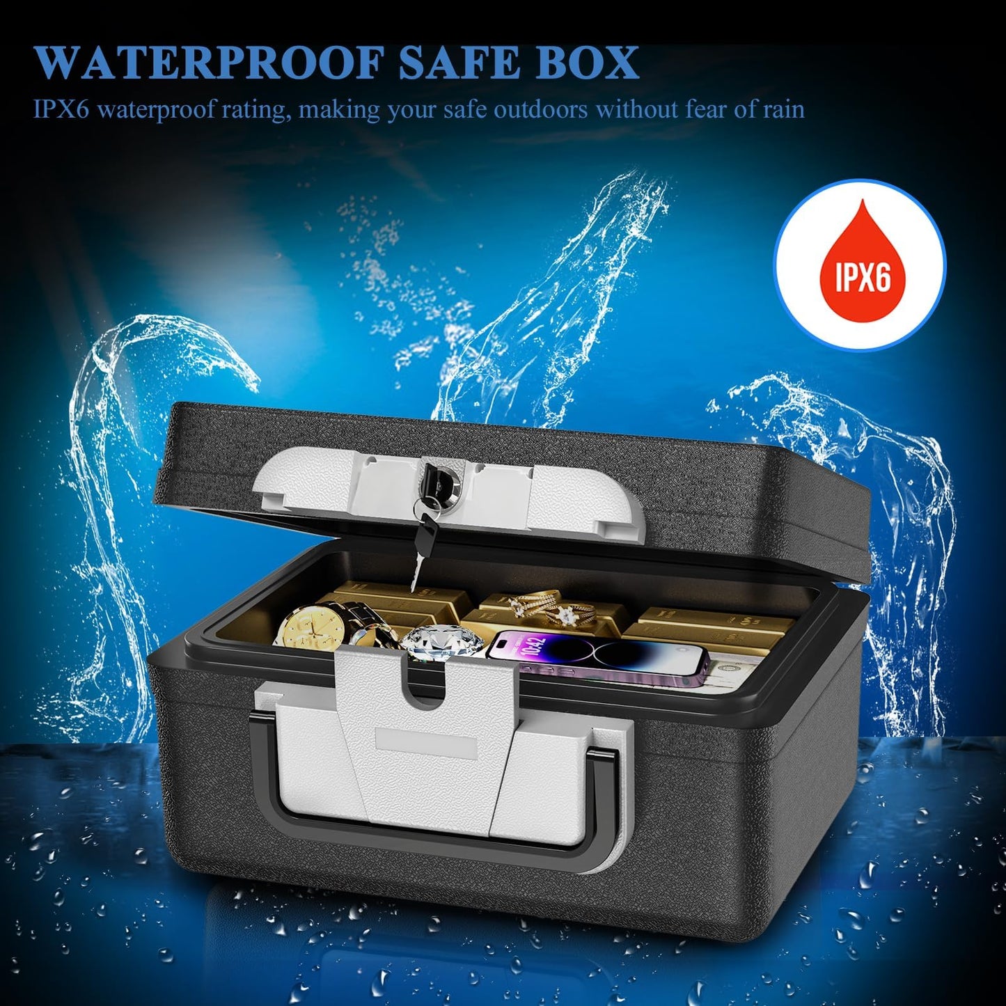 WASJOYE Portable Large Capacity Safe Box, Fireproof Waterproof Safe with Key Lock & Carry Handle, Cash, Medicine, Passport, Jewelry Storage, Security Lock box for Home Travel Hotel, 0.5 Cubic Feet