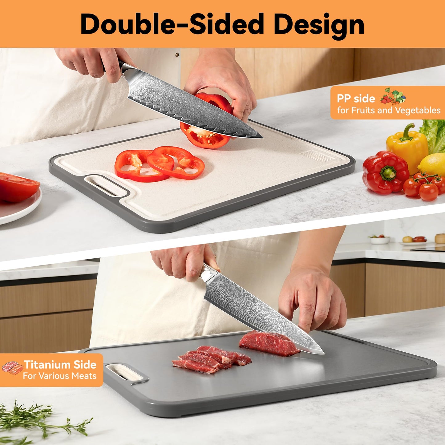 Naanyo Titanium Cutting Board for Kitchen – Food Grade Pure Titanium, Non-Porous & Easy to Clean, 2-in-1 Chopping Board for Meat, Vegetables & Fruit, Large 16”×11”