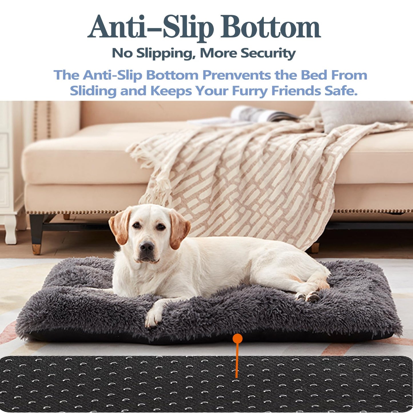 Dog Bed, Dog Beds for Extra Large Dogs, Long Plush Soft Calming Pet Bed, Washable Comfortable Crate Mat with Anti-Slip Bottom