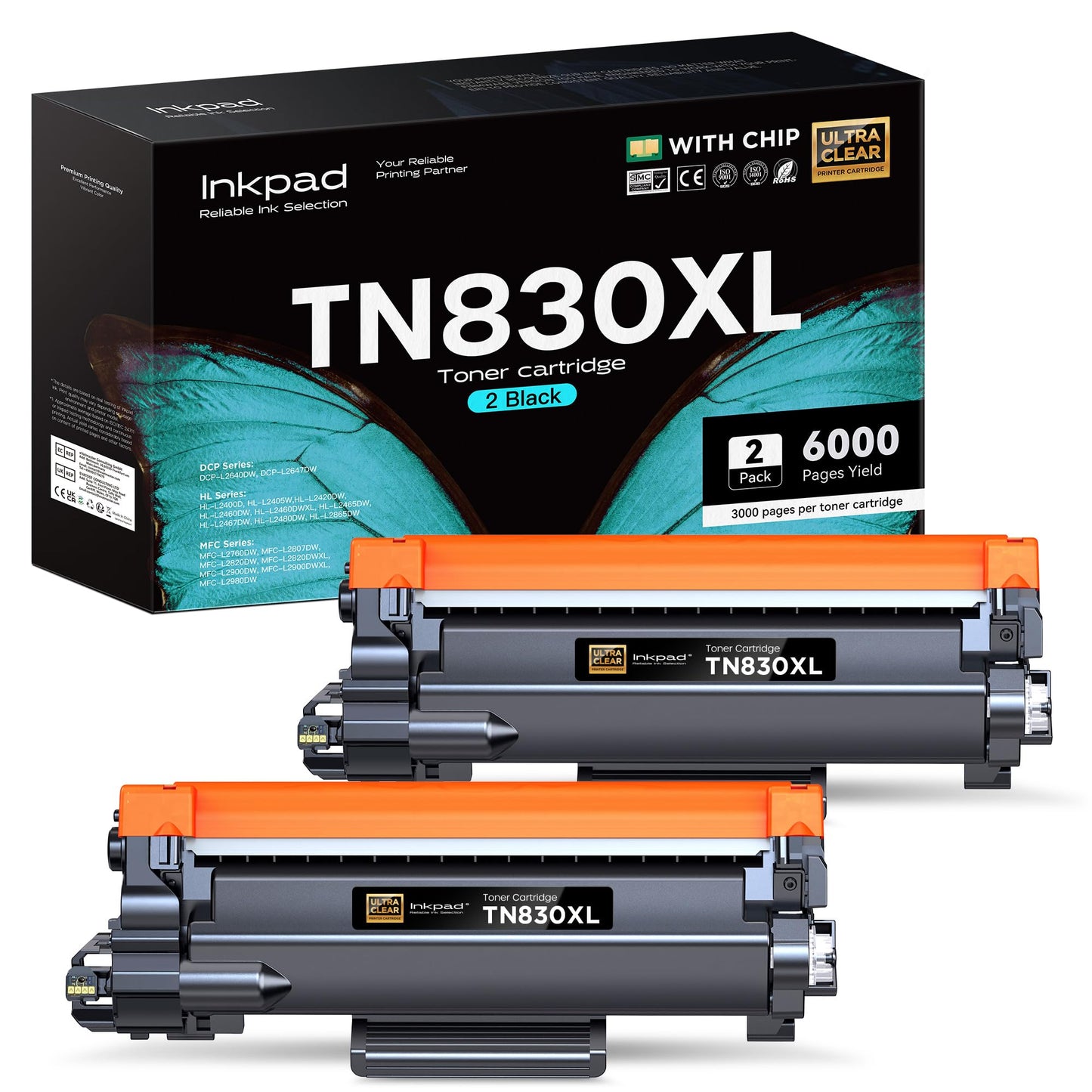 TN830XL Toner Cartridges Replacement for Brother 830 TN830 TN830-XL 830XL Toner Cartridge Compatible with Brother HL-L2460DW DCP-L2640DW HL-L2400D HL-L2405W MFC-L2820DW Printers (2 Pack, Black)