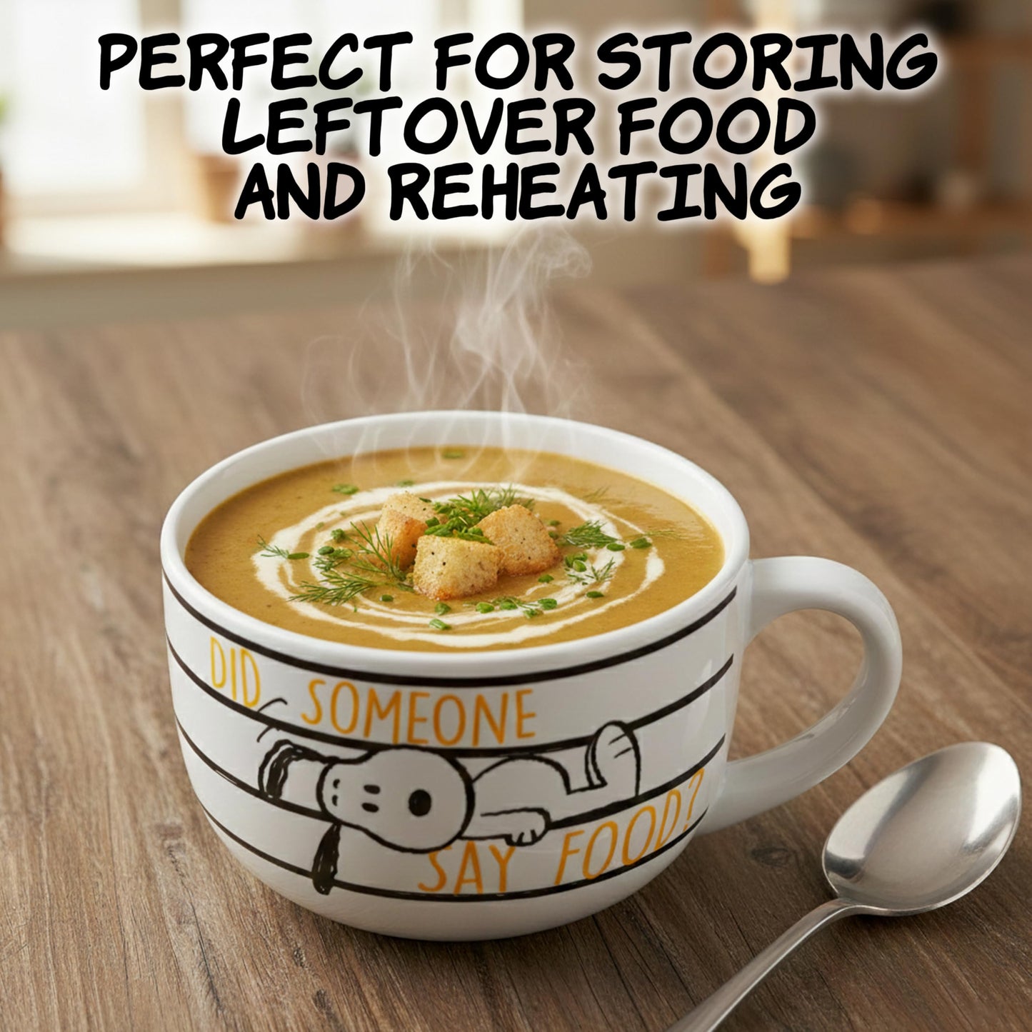Silver Buffalo Peanuts Snoopy and Woodstock Did Someone Say Food Ceramic Soup Mug with Vented Plastic Lid, 24 Ounces