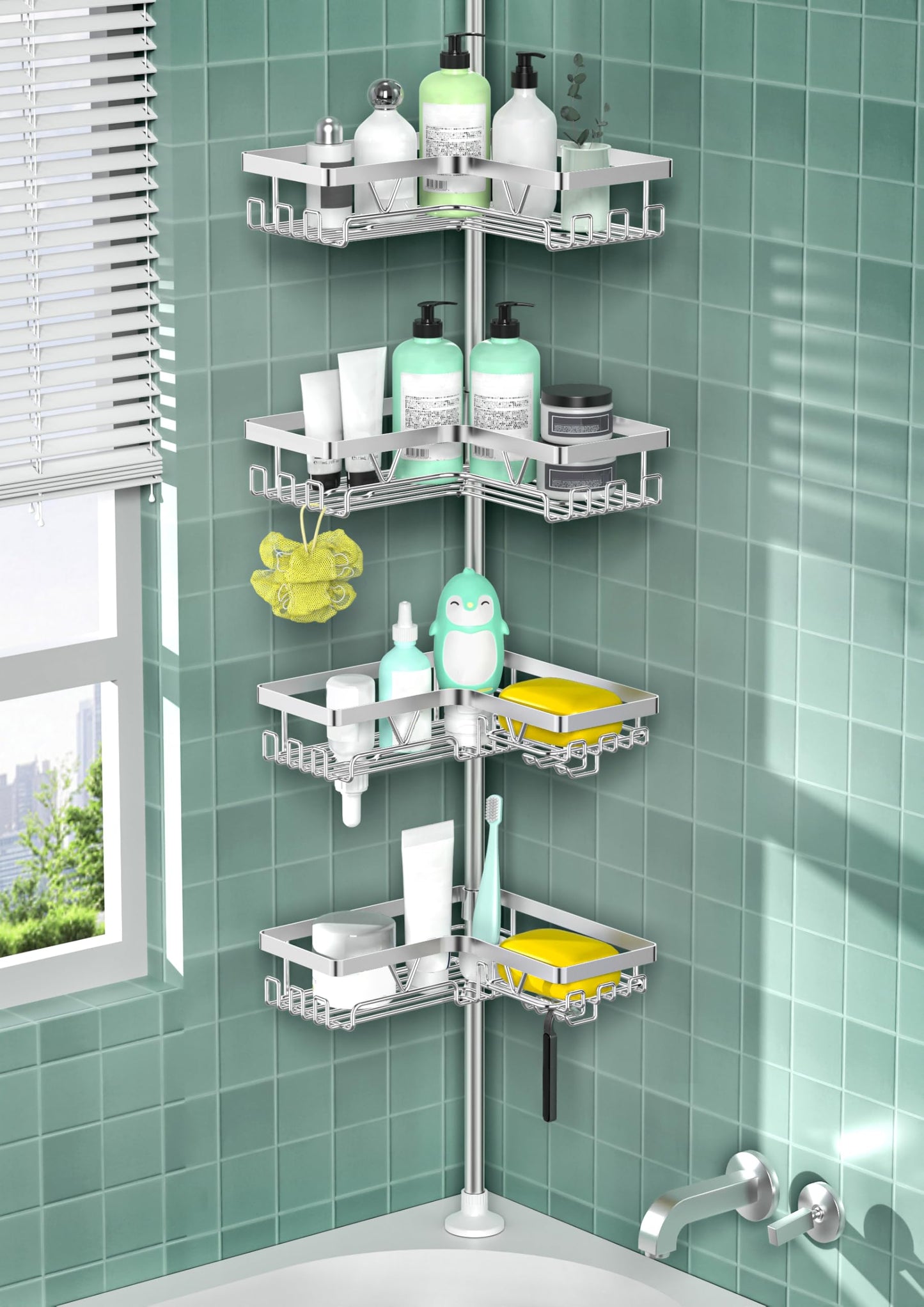 DAOYA Shower Caddy Tension Pole - Corner Shower Caddy with Soap Holder Bathroom Organizer for Tub (Stainless Steel, Silver, Floor to Ceiling 25-114.2 inch)