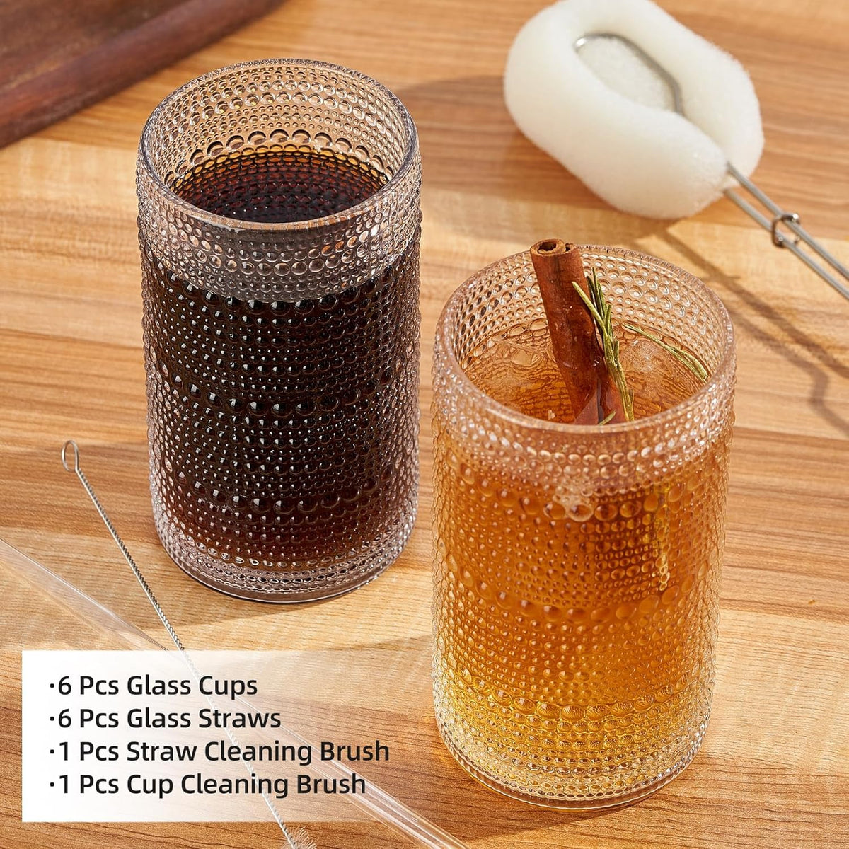 16oz Hobnail Drinking Glasses Set of 6, Vintage Large Capacity Embossed Clear Tumblers, Highball Glasses for Water, Cocktail, Beer, Whiskey, Juice & Bar Use (Clear)