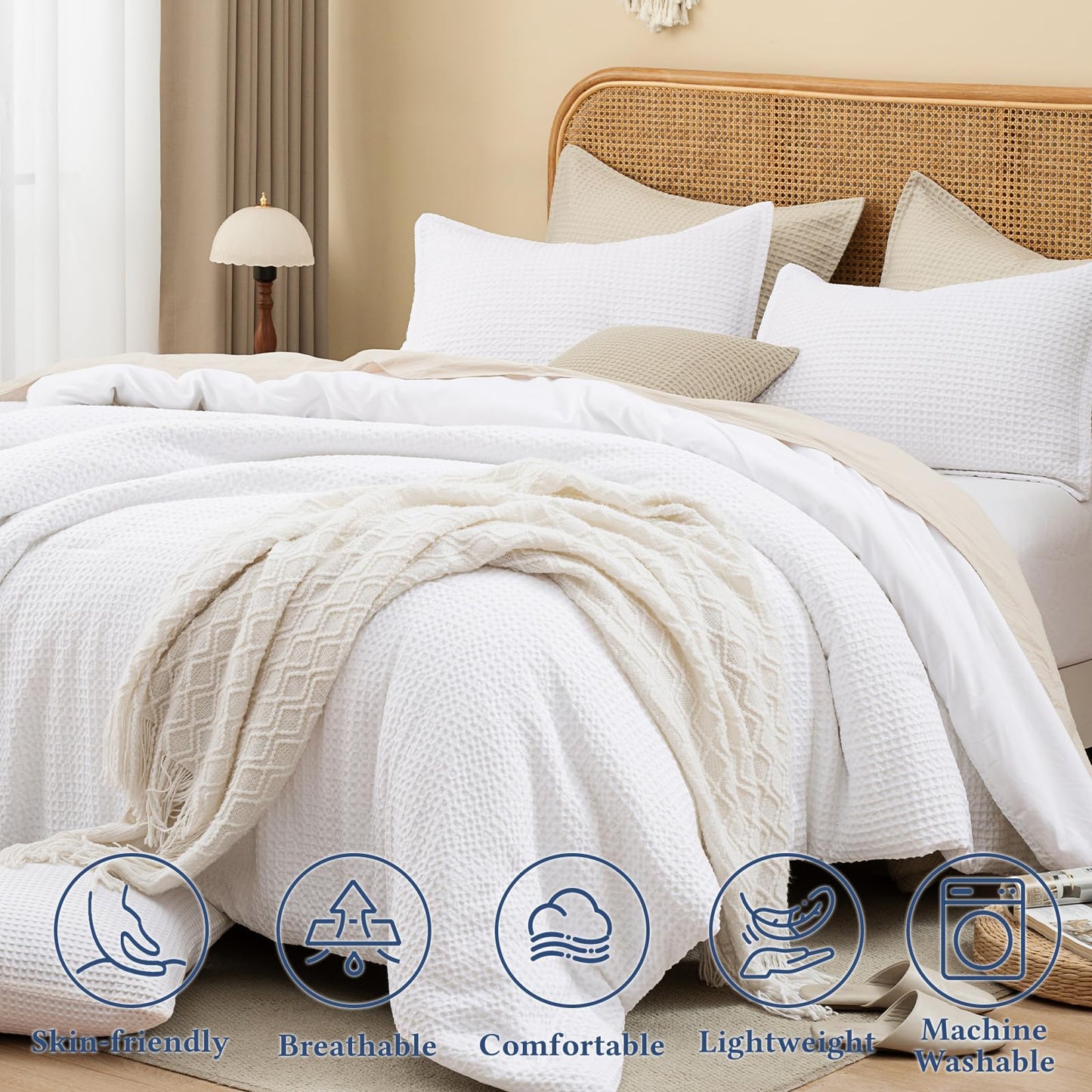 David's Home Waffle Weave Comforter Set 2PCS Twin Size, Soft Breathable Lightweight Cozy Skin-Friendly Warm for All Season, Elegant Aesthetic Home Decor Bedding Set with Pillow Shams, White