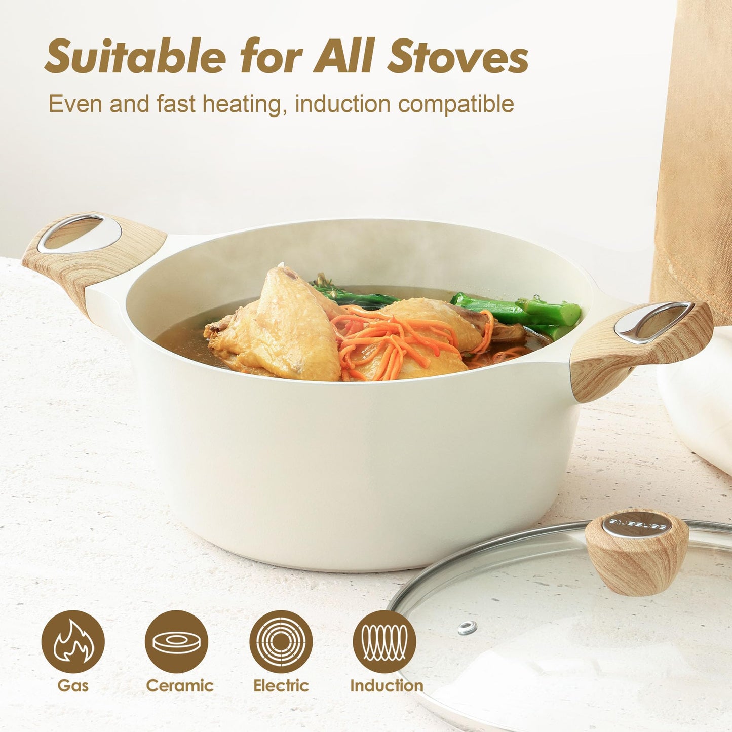 SENSARTE Ceramic Nonstick Stock Pot with Lid, 2.6 QT Soup Pot Casserole Pot, Non-Toxic Healthy Pasta Pot, Large Cooking Pot Stew Pot, Induction Compatible, PFOA PFAS PTFE Free, White