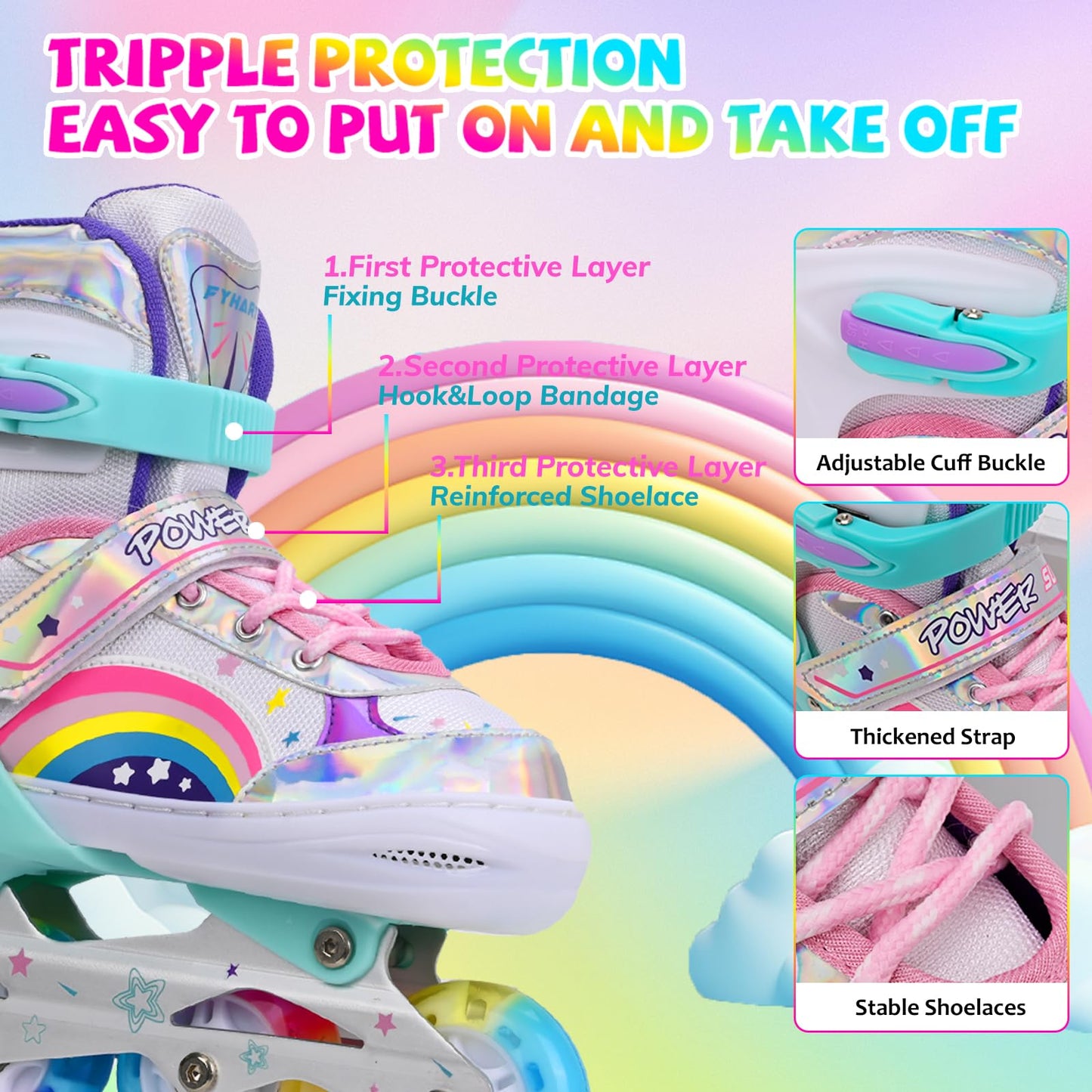 Adjustable Inline Skates for Kids Girls Children Beginners, Rainbow Inline Roller Skates with Light Up Wheels for Kids and Youth for Sports (Small)