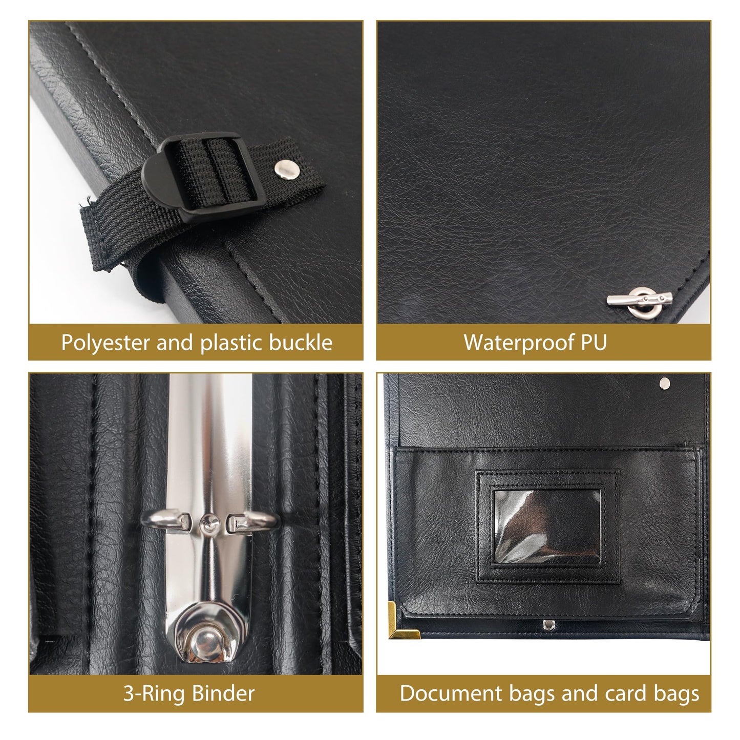 GraduatePro PU Leather Sheet Music Choir Folder Black, 3 Rings Binder 12.5" x 10" Piano Music Binder with Elastic Band,10 Pockets for Sheets 8.5 * 11/A4