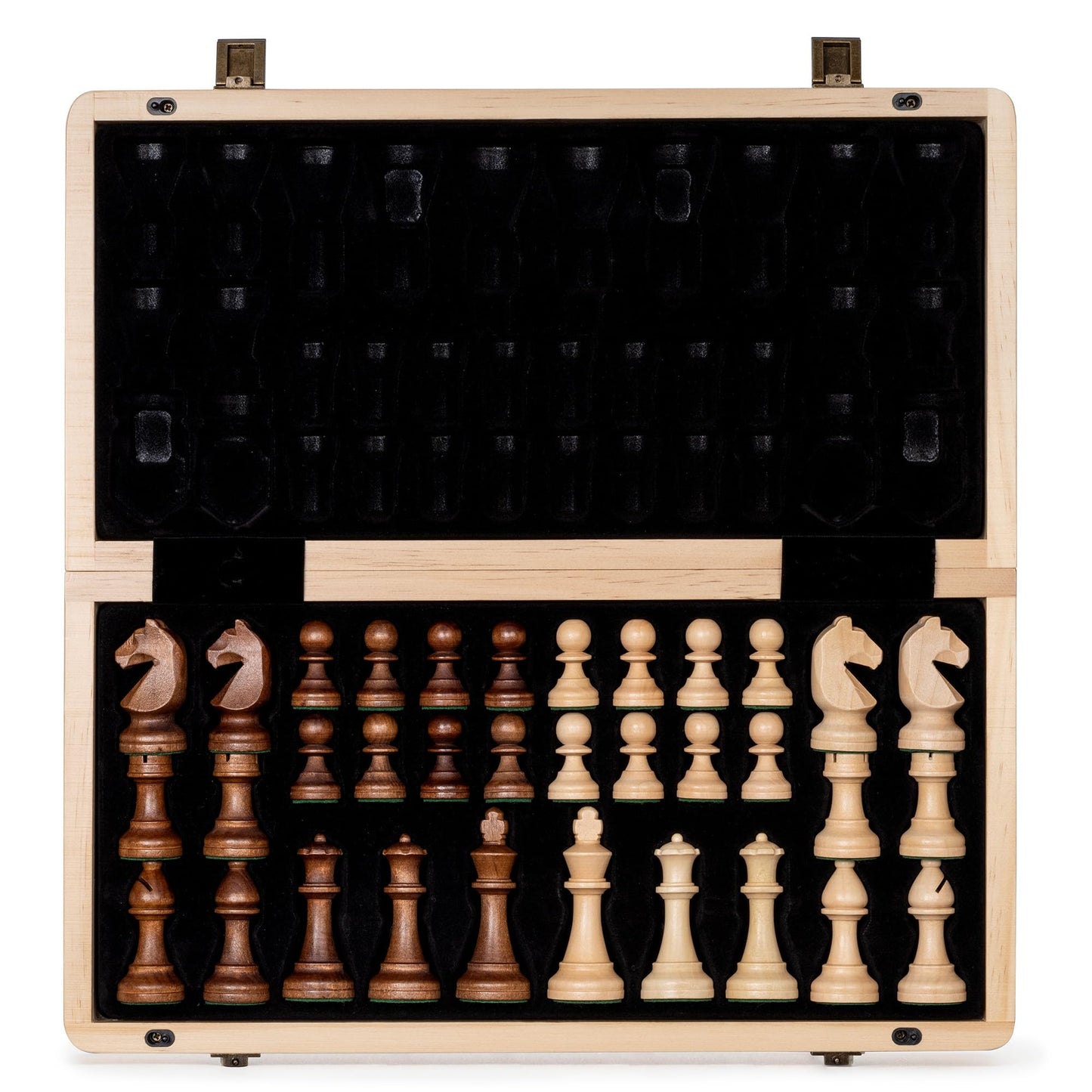 A&A 15" Wooden Chess Set/Folding Board / 3" King Height German Knight Staunton Chess Pieces/Walnut & Maple Inlaid /2 Extra Queen