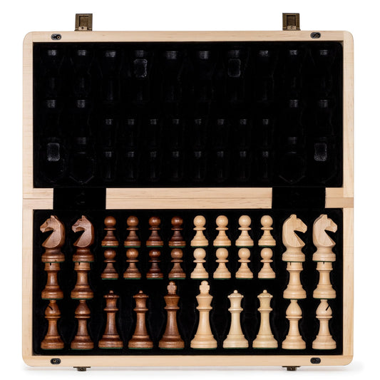 A&A 15" Wooden Chess Set/Folding Board / 3" King Height German Knight Staunton Chess Pieces/Walnut & Maple Inlaid /2 Extra Queen