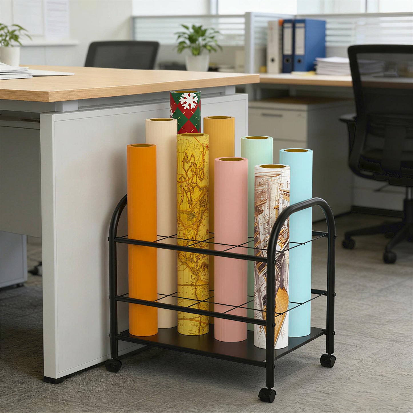 Yutrchey Blueprint Storage Rack with Wheels – 12-Slot Metal Roll File Holder with Silent Casters & Brakes for Blueprints, Wrapping Paper, Posters, Maps – Mobile File Cart for Office & Home (Black)