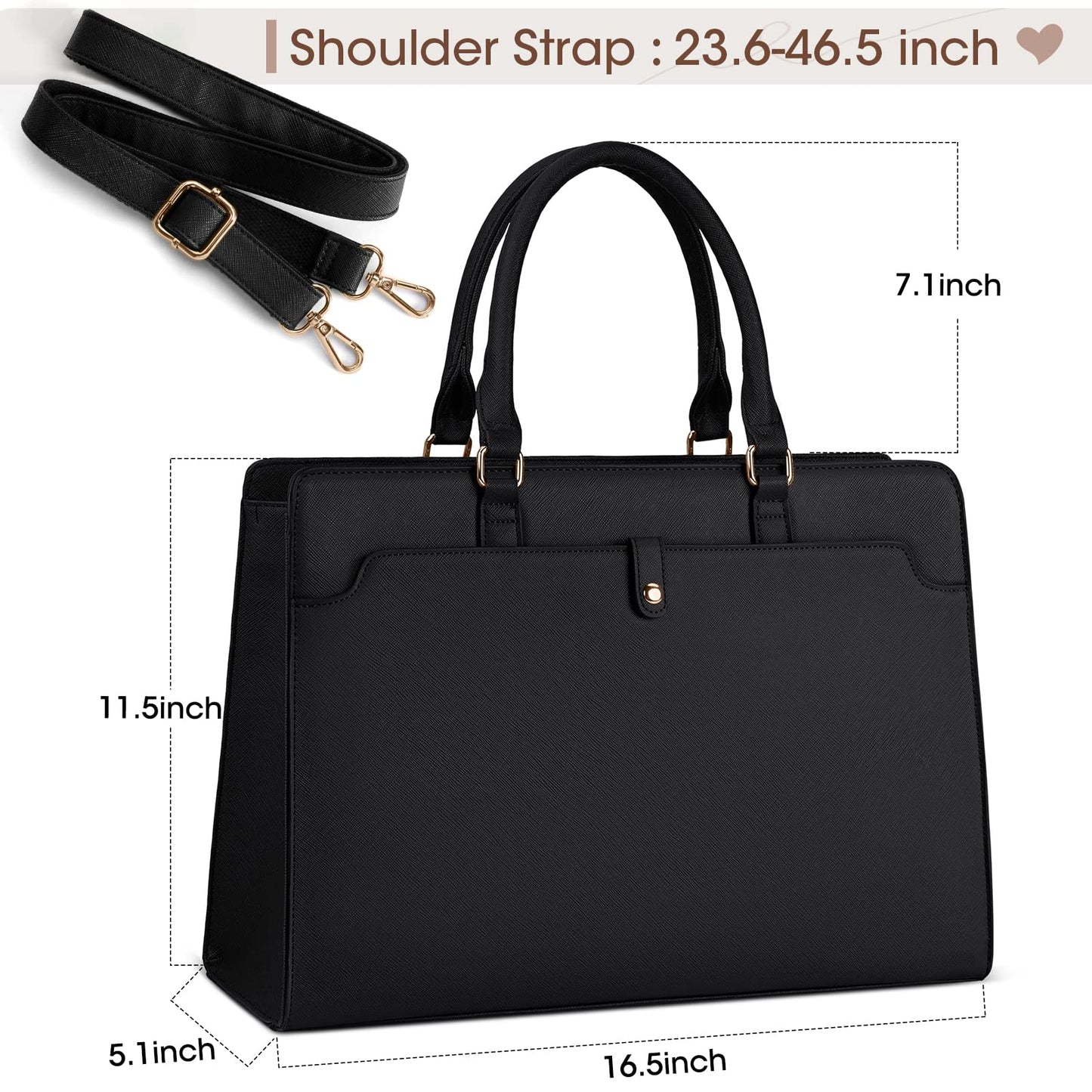 Laptop Bag for Women 15.6 inch Laptop Tote Bag Leather Large Capacity Work Tote Bag Waterproof Business Office Computer Bag Women Travel Handbag Shoulder Bag, Black