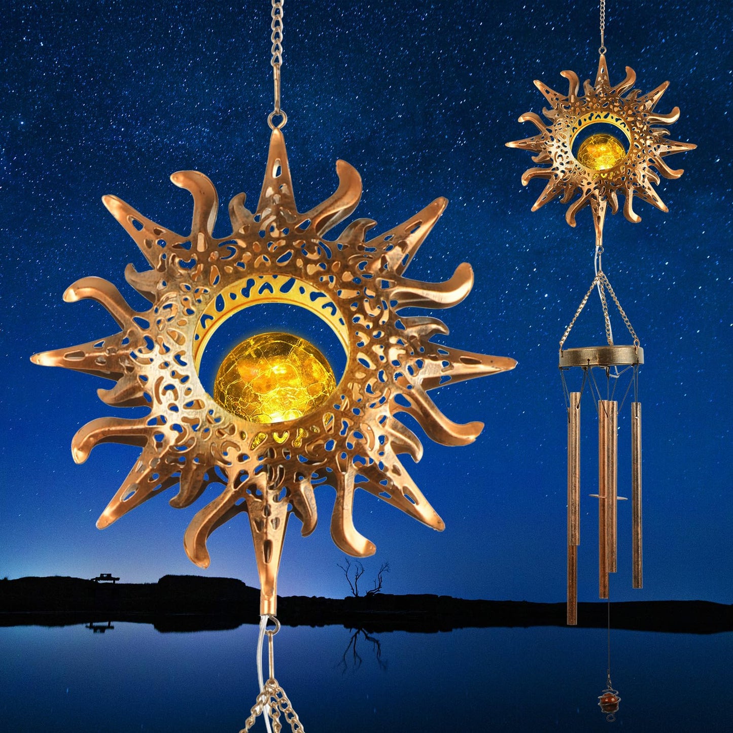 Fohil Solar Wind Chime,Sun Crackle Glass Ball Solar Powered Wind Chimes with Deep Tone for Hanging Outside Decor,Solar Light Outdoor Waterproof for for Mom Women Grandma Garden Spiritual Gifts
