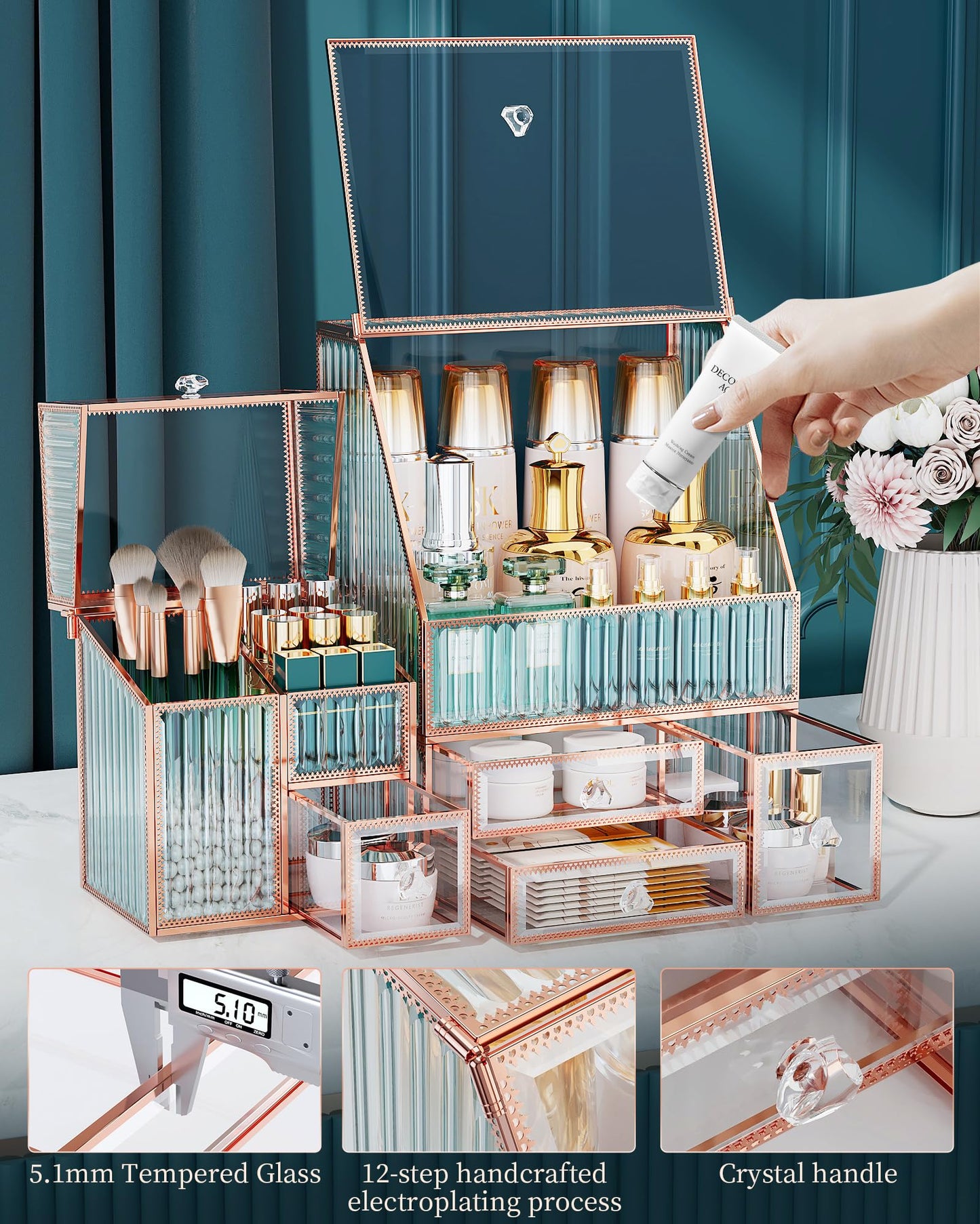 Youdepot Tempered Glass Makeup Organizer Countertop - Multi-Functional 3-in-1 Cosmetic Organizer for Skincare, Lipstick, Brushes - Vanity Organizer & Bathroom Organizer and Skincare Organizer.