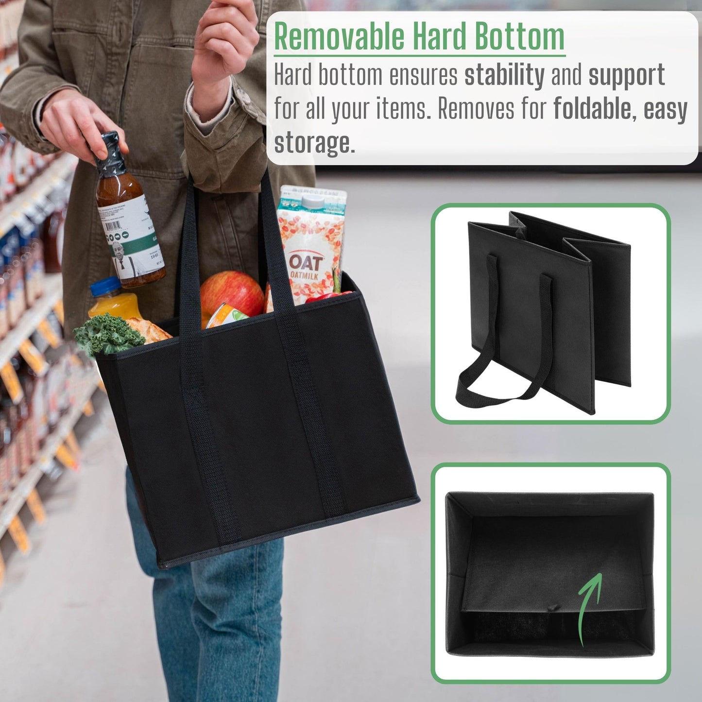 VENO 3-Pack Reusable Grocery Bag, Heavy Duty Shopping Bag, Shopping Cart Organizer, Foldable Grocery Tote Bag with Reinforced Hard Bottom