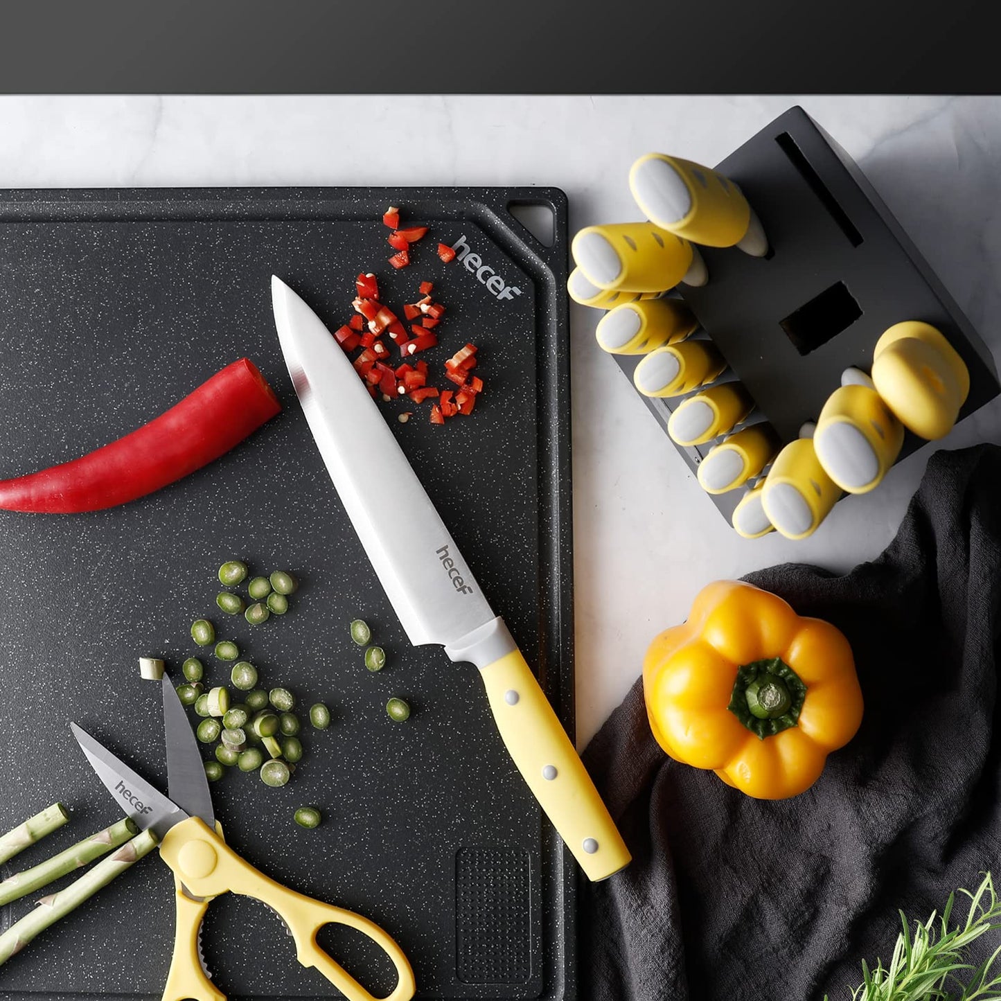 hecef Kitchen Knife Block Set, 14 Pieces Knife Set with Wooden Block & Sharpener Steel & All-Purpose Scissors, High Carbon Stainless Steel Cutlery Set