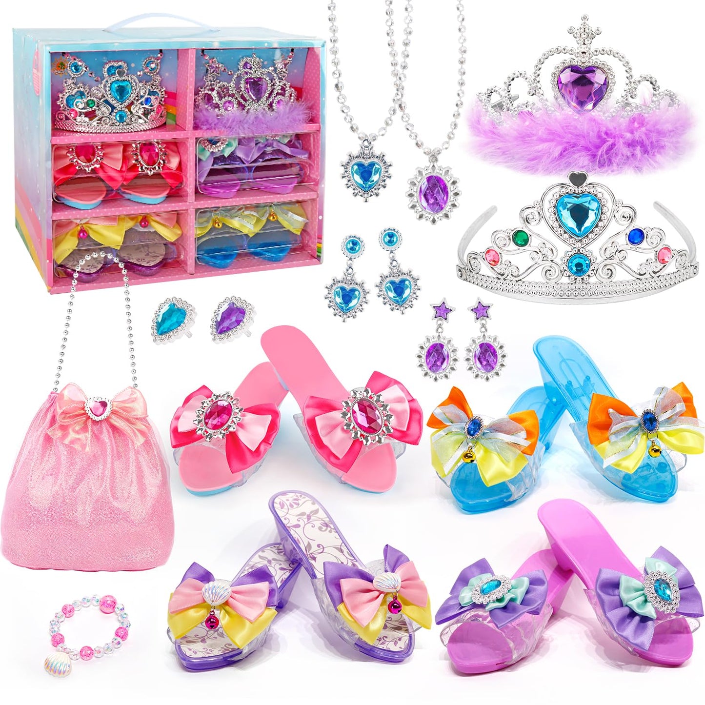 Hechify Princess Dress Up for Girls Ages 3-6, with Crystal Shoes, Crowns, Necklaces, Earrings, Rings, Bracelet and Handbag, Multicolour, Princess Toys for Kids Birthday Gift
