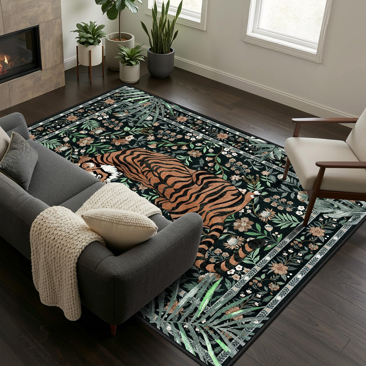 Hroza 5x7 Area Rug for Bedroom Tropical Jungle Tiger Non-Slip Green Rug Kid & Pet Friendly Washable Condo Rugs