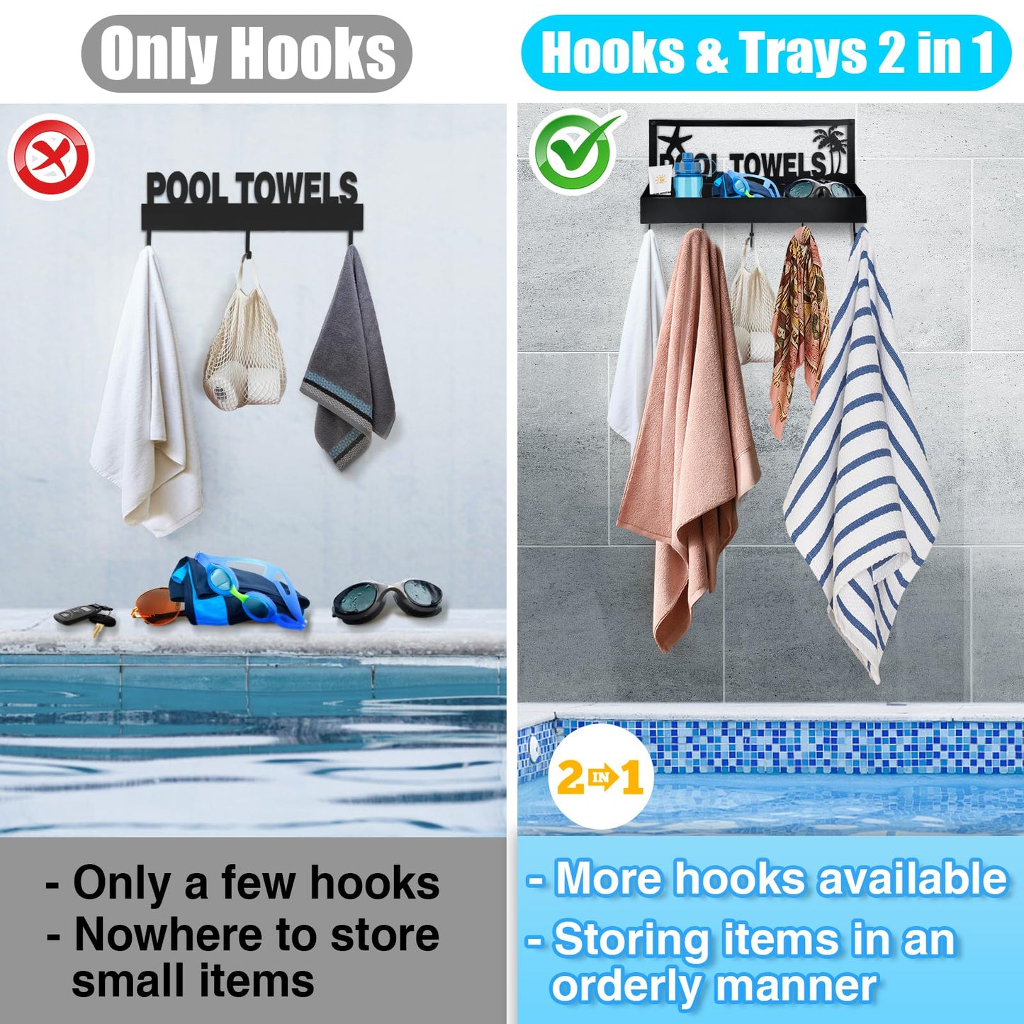 Pool Towel Rack - 2-in-1 Outdoor Poolside Beach Washcloth Drying Rack Holder, Wall Mounted Metal Hooks Decor for Bath Towel Storage, Robe Swimsuit, Coat, Bags, Phone, Keys - Black