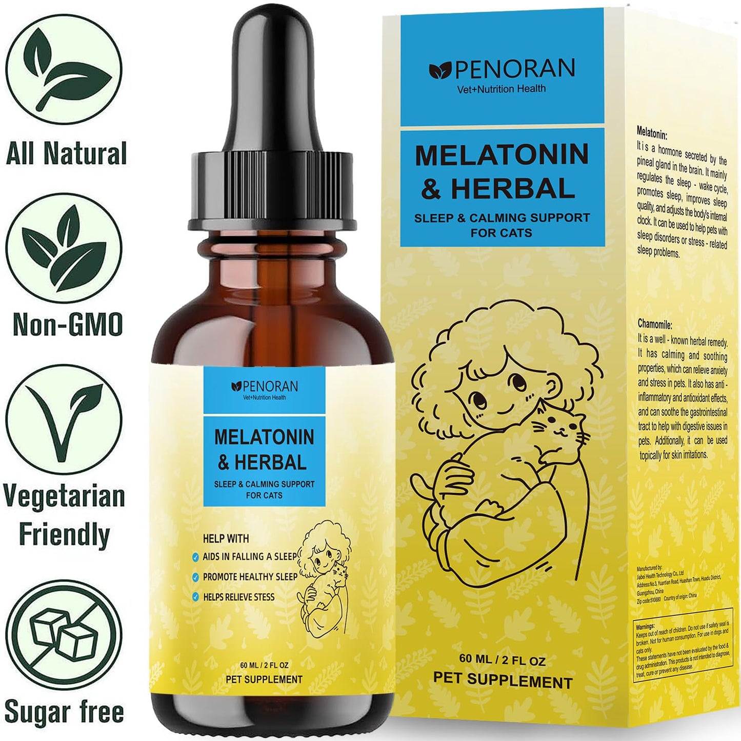 Cat Melatonin & Herbal Blend Drops for Cats, Cat Calming Treats, for Cats Sleep Aid and Sedative for Grooming, Support Restful Sleep, Anxiety Relief - Safe and No Excessive Drowsiness.