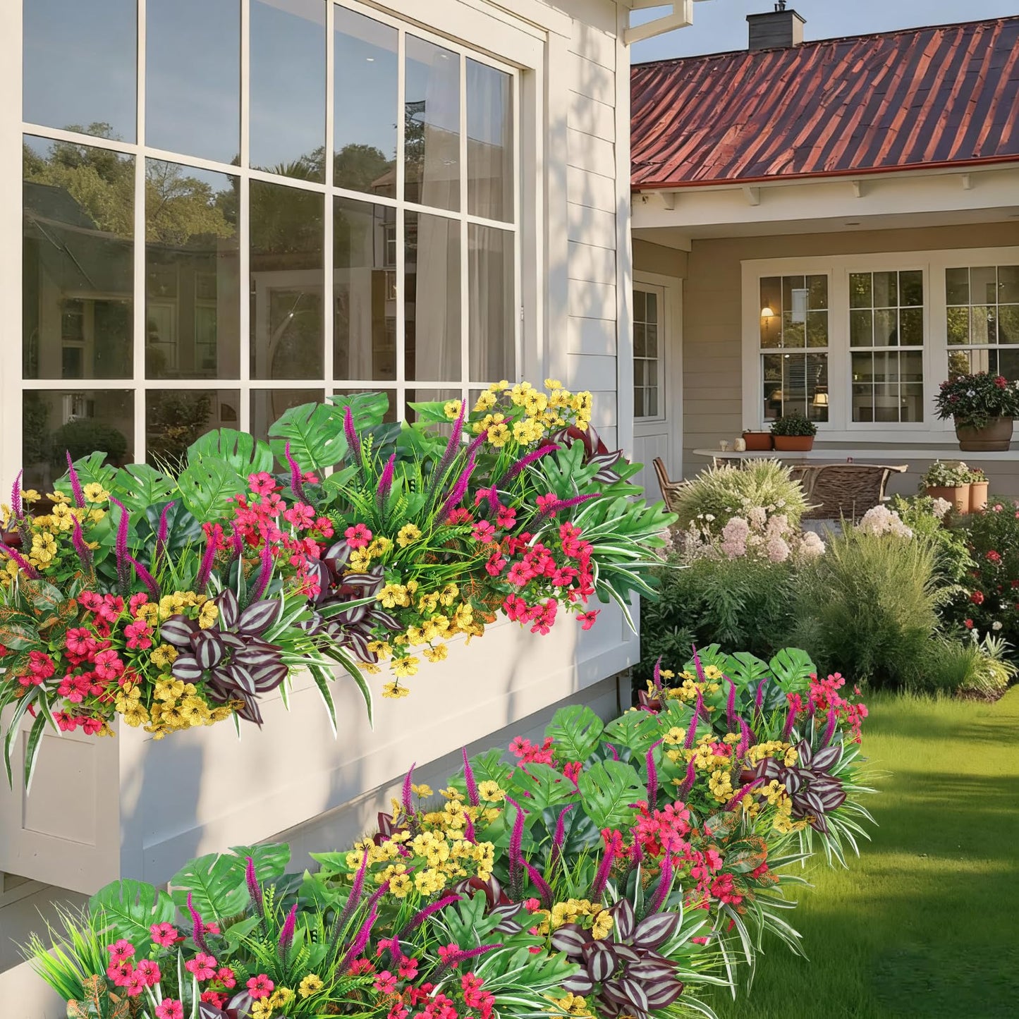 Dremisland 20 Bundles Artificial Plants Outdoor UV Resistant Artificial Fake Flowers Greenery Stems Faux Shrubs Plastic Boxwood Plants for Porch Planter Window Box Home Spring Summer Decor