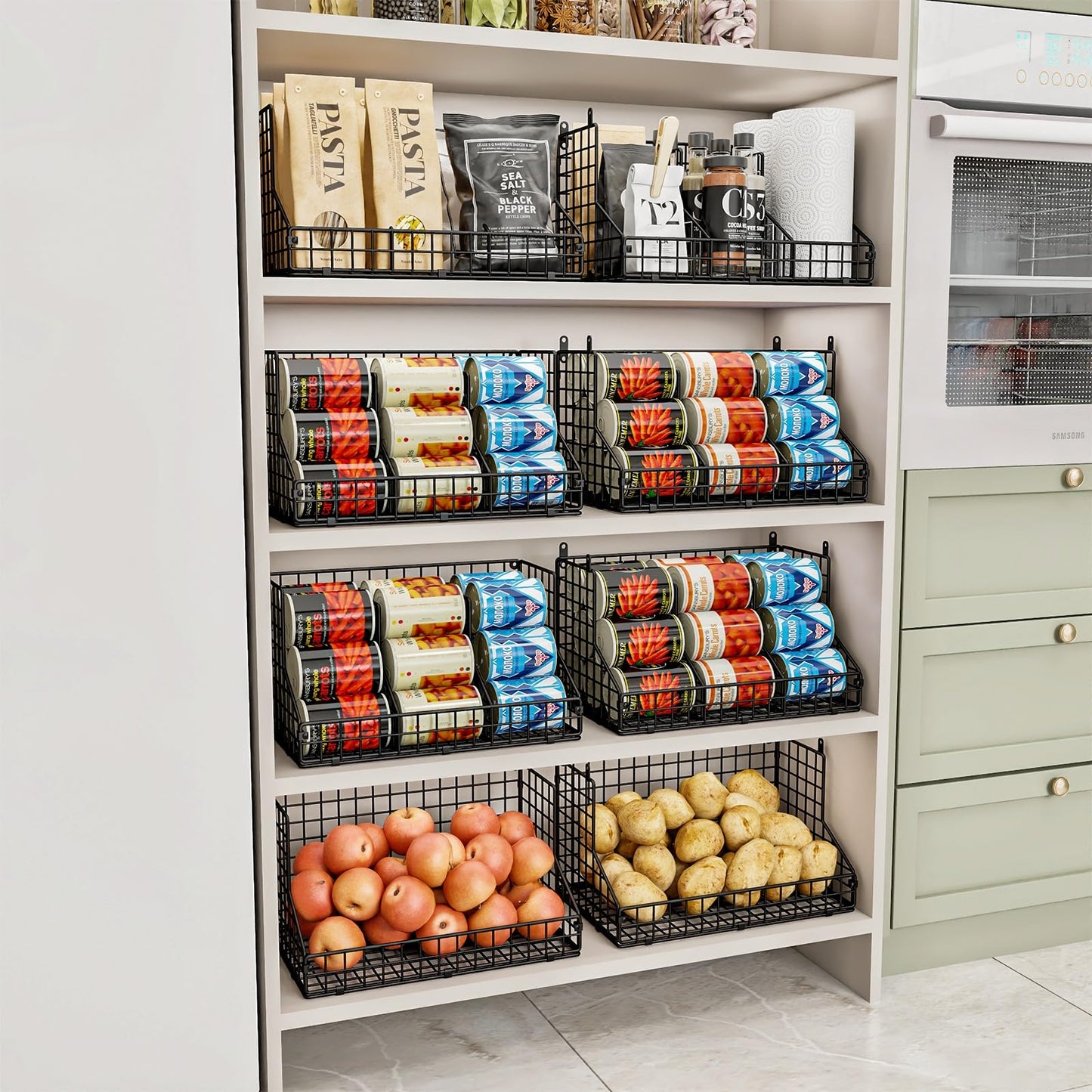 2 Pack Stackable Can Rack Organizer for Pantry Storage,Can Dispensers with 4 Adjustable Dividers, 2-Tier Metal Wire Basket Beverage Pop Soda Rack for Kitchen Cabinet Pantry, Black