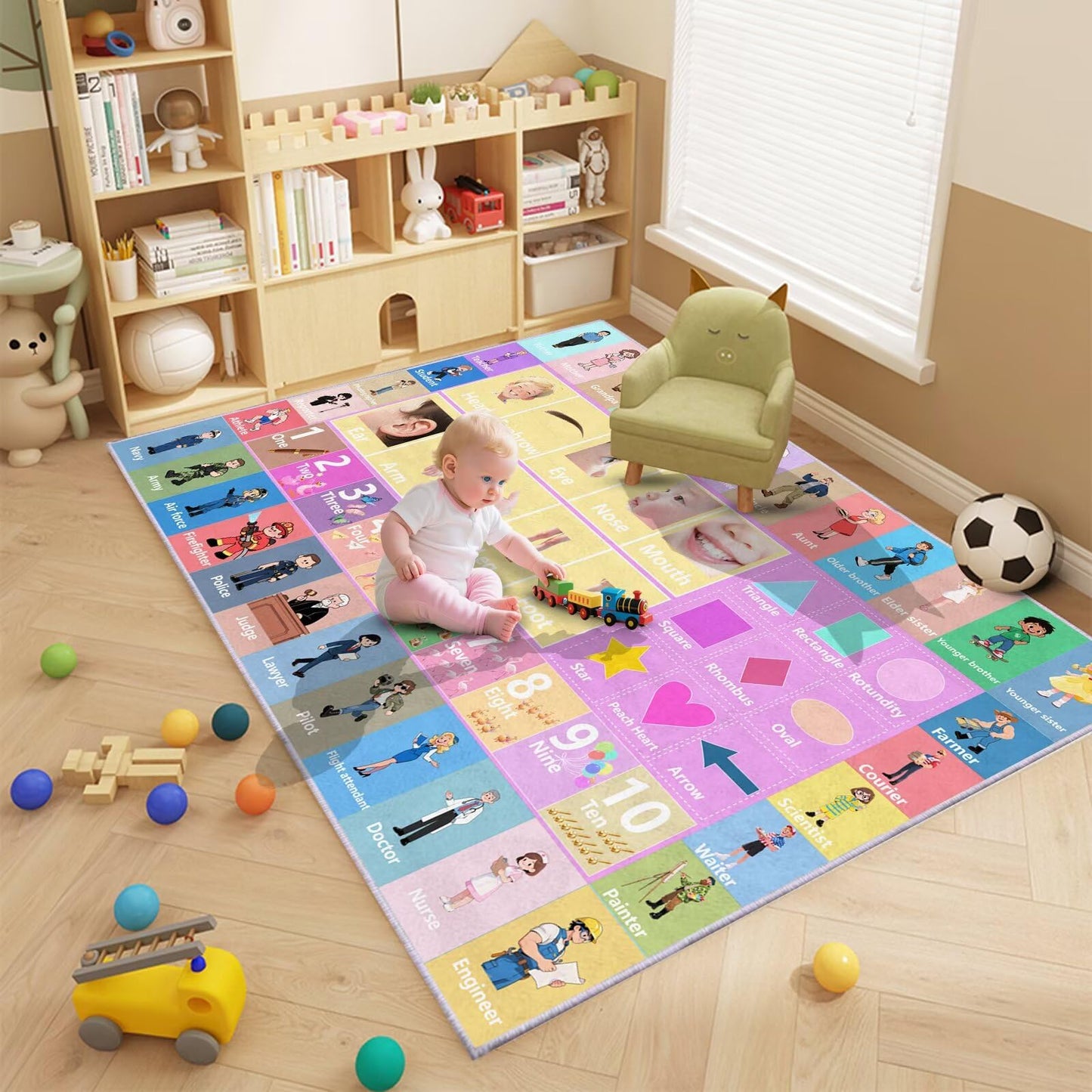 Alphabet Rug 47x71 Inch - Body Parts & Professions Educational Mat, Non-Slip Preschool Learning Carpet for Classroom & Daycare