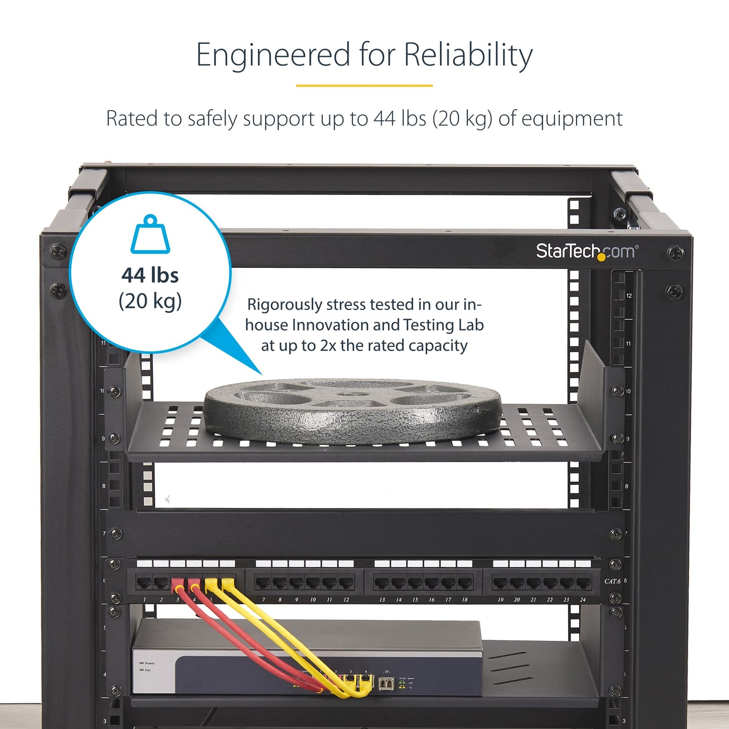 StarTech.com 2U Vented Server Rack Shelf, 16in/41.5cm Mounting Depth, for 19" Rack/Cabinet, SPCC Steel, Max 44lb/20kg