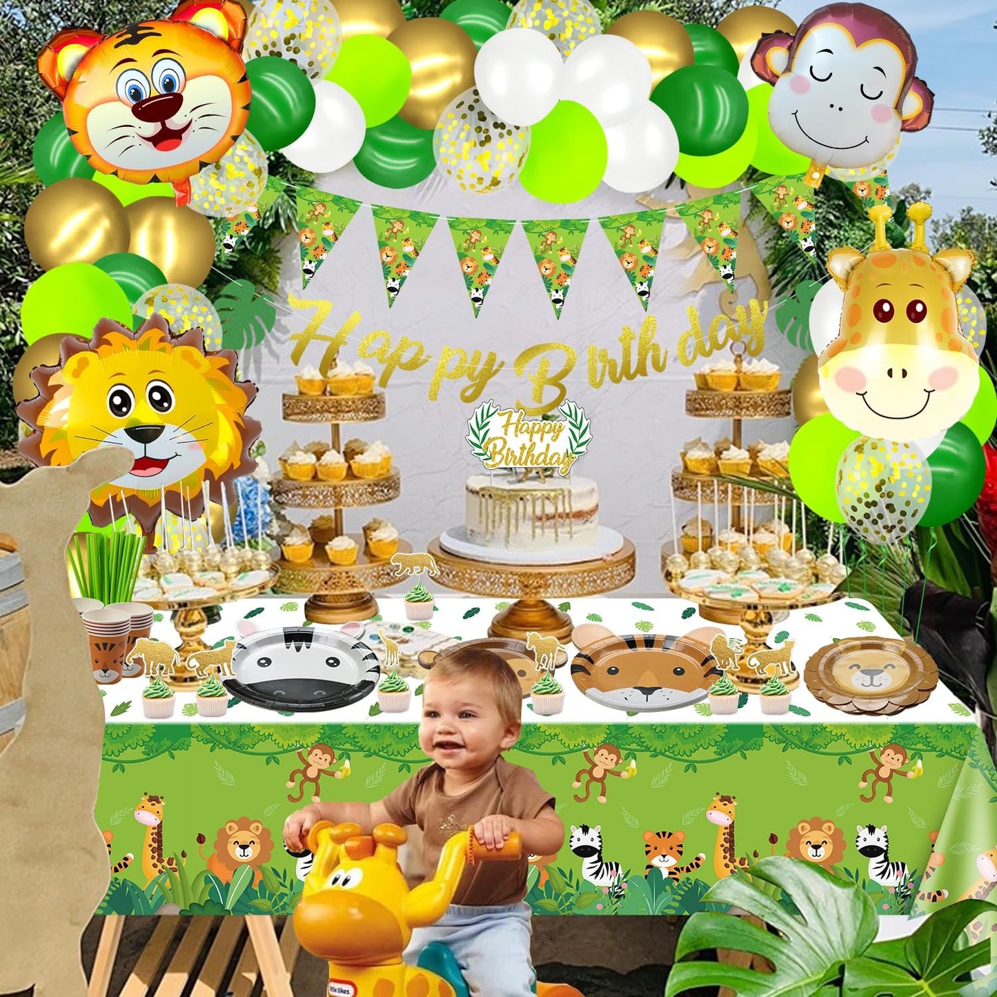 Jungle Safari Birthday Party Decorations, Animal Paper Plates, Safari Tablecloth, Animal Balloons, Happy Birthday Banner, Napkins, Animal Cups, Jungle Animal Birthday Decorations for Boys Kids