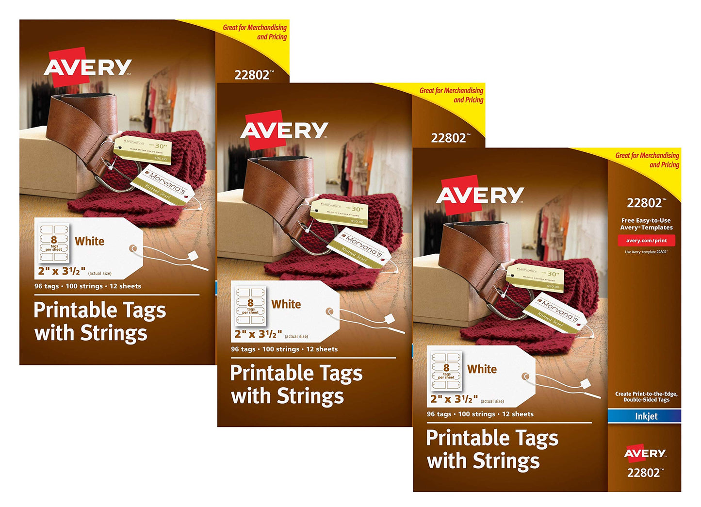 Printable Tags Rectangle 2x3.5in w/Strings Print-to-the-Edge TwoSided96/PK 3EA