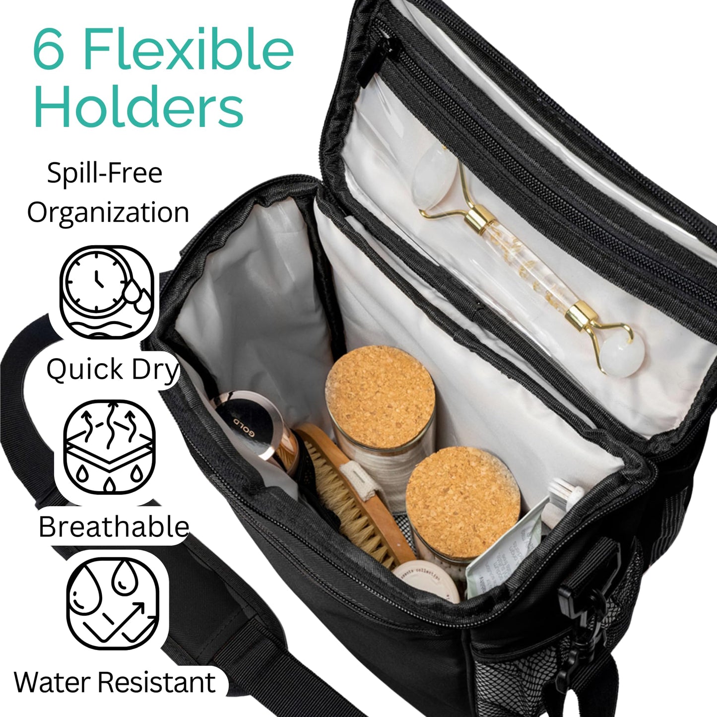 TERRA HOME Portable XL Shower Caddy Bag - College Dorm Room Essentials for Men, Women, Students - Foldable, Water Resistant with Hanging Keychain Hook and Shoulder Strap Shower Organizer Bag (Black)