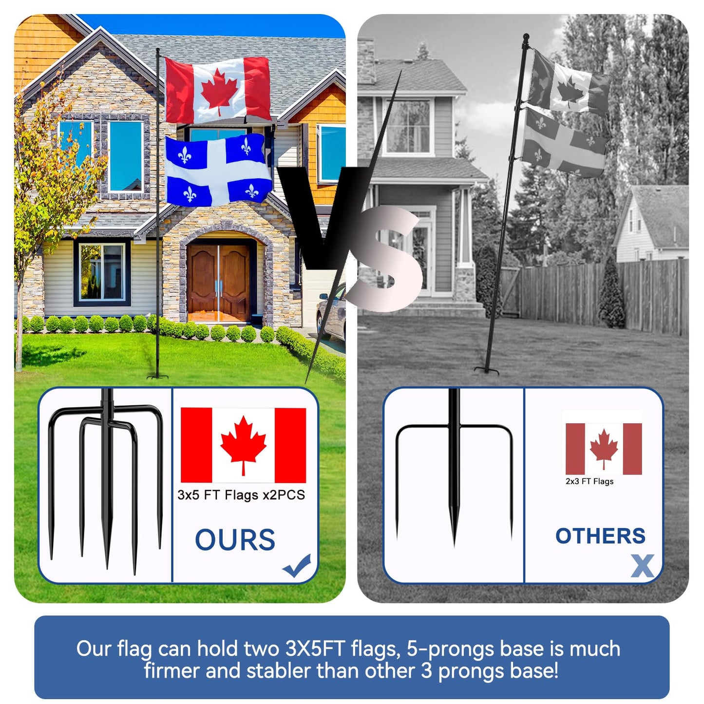 ZMTECH 12FT Flag Pole with 5 Pronges Base in Ground for Yard,Tangle Free Spinning Stainless Steel,Heavy Duty Windproof Ground Flag Poles for 2 Flags | Outside House Residential or Commercial 1 Pack