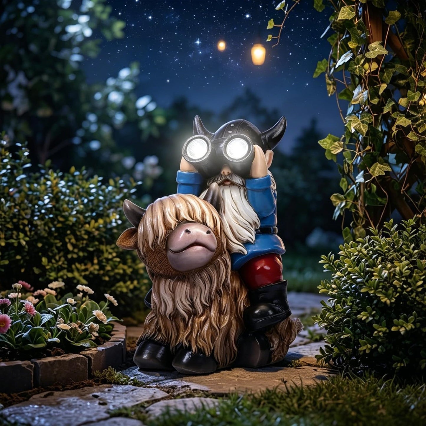 Joint Honglin Garden Gnome Statues Resin Gnome Sitting on Highland Cow Solar LED Lights Outdoor Telescope Gnome Decorations