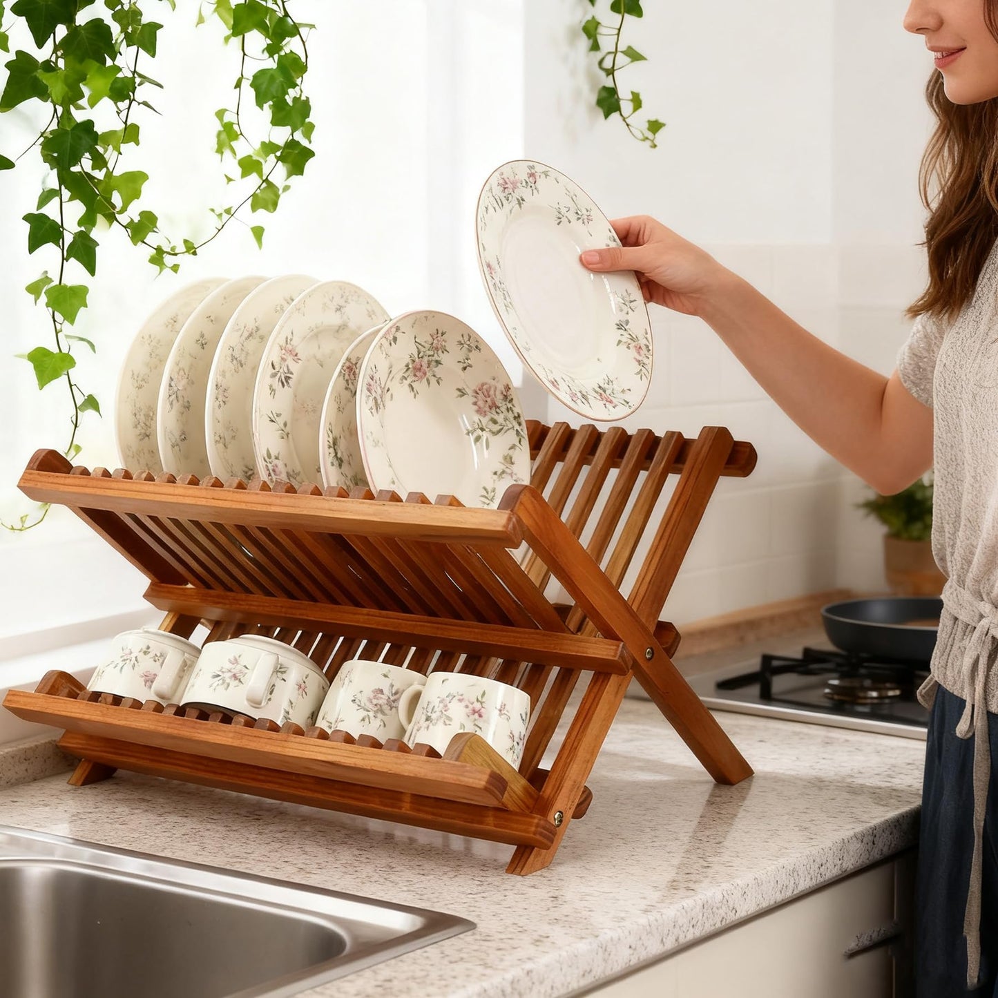 Utoplike Teak Wood Dish Drying Rack, Collapsible 2-Tier Drainer Rack, Plate Rack Holder for Kitchen Countertop, Foldable for Compact Saving