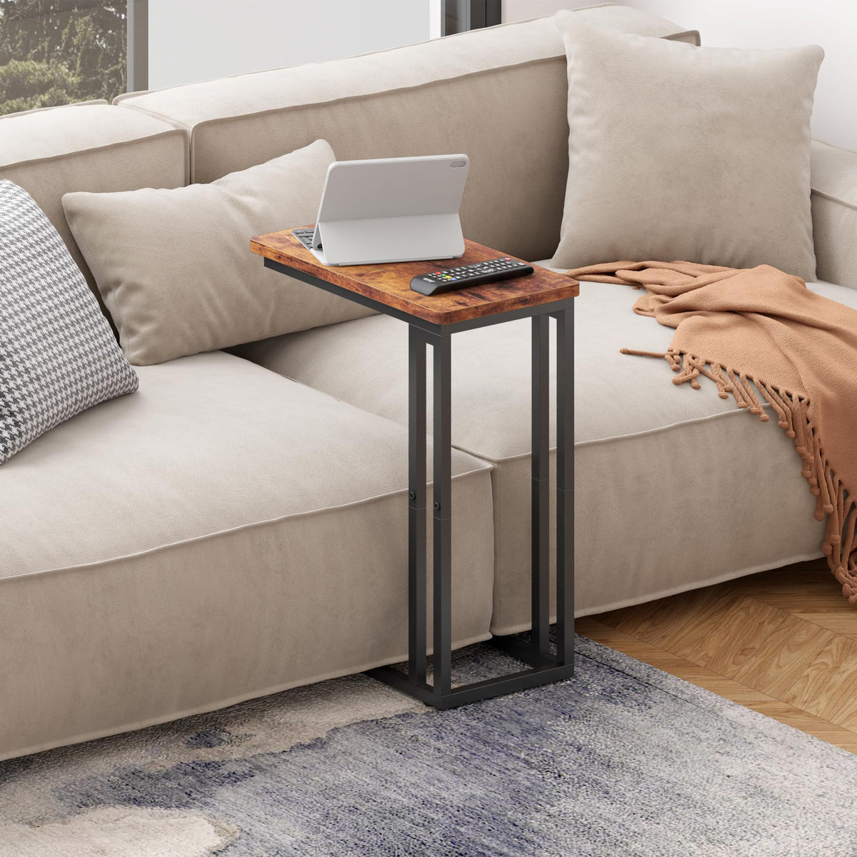 Yusong C Shaped End Table, Couch Side Table that Slide Under Sofa Bed, Small Table for Small Spaces, Skinny Overbed Table, Coffee Drink Snack Table for Living Room, Rustic Brown
