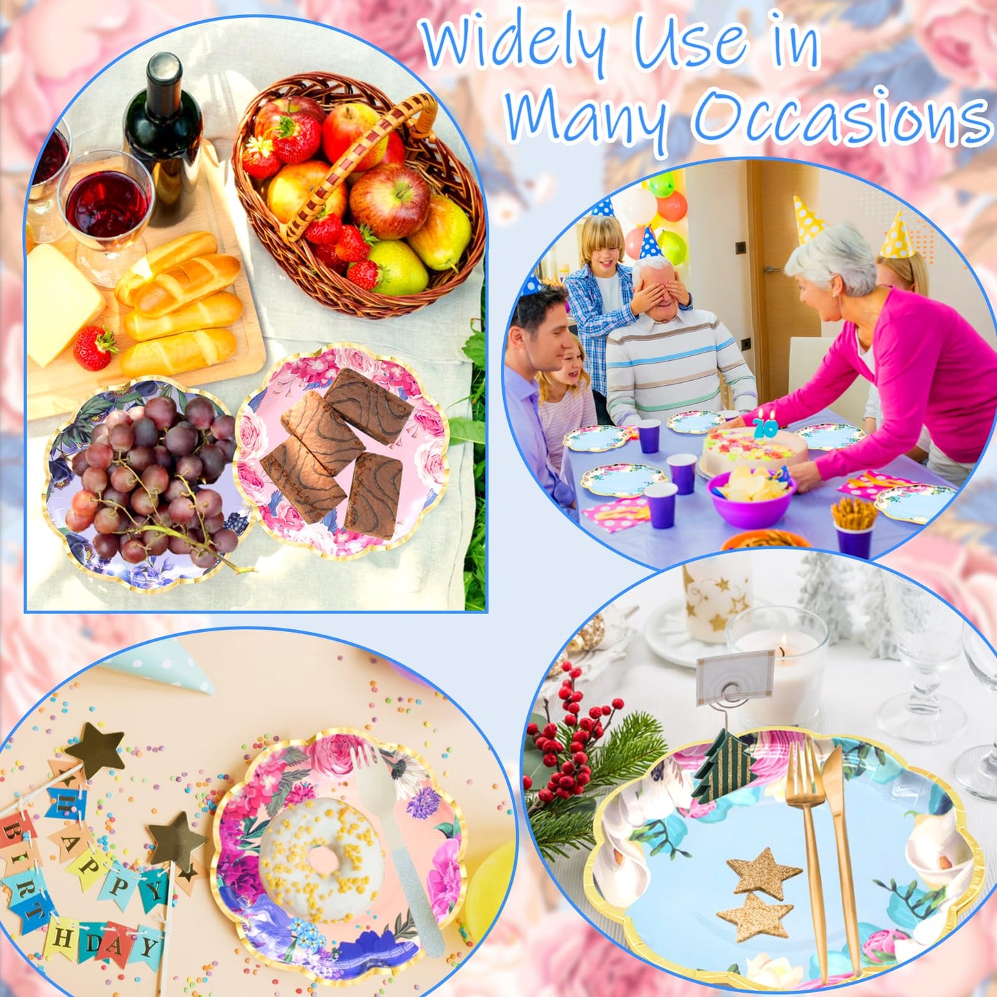 Benvo Floral Plates Disposable 60 Pack Paper Plates 9 Inch Dessert Plates Flower for Tea Party Garden Party Baby Shower Bridal Shower Birthday Wedding Decorations(6 Styles)