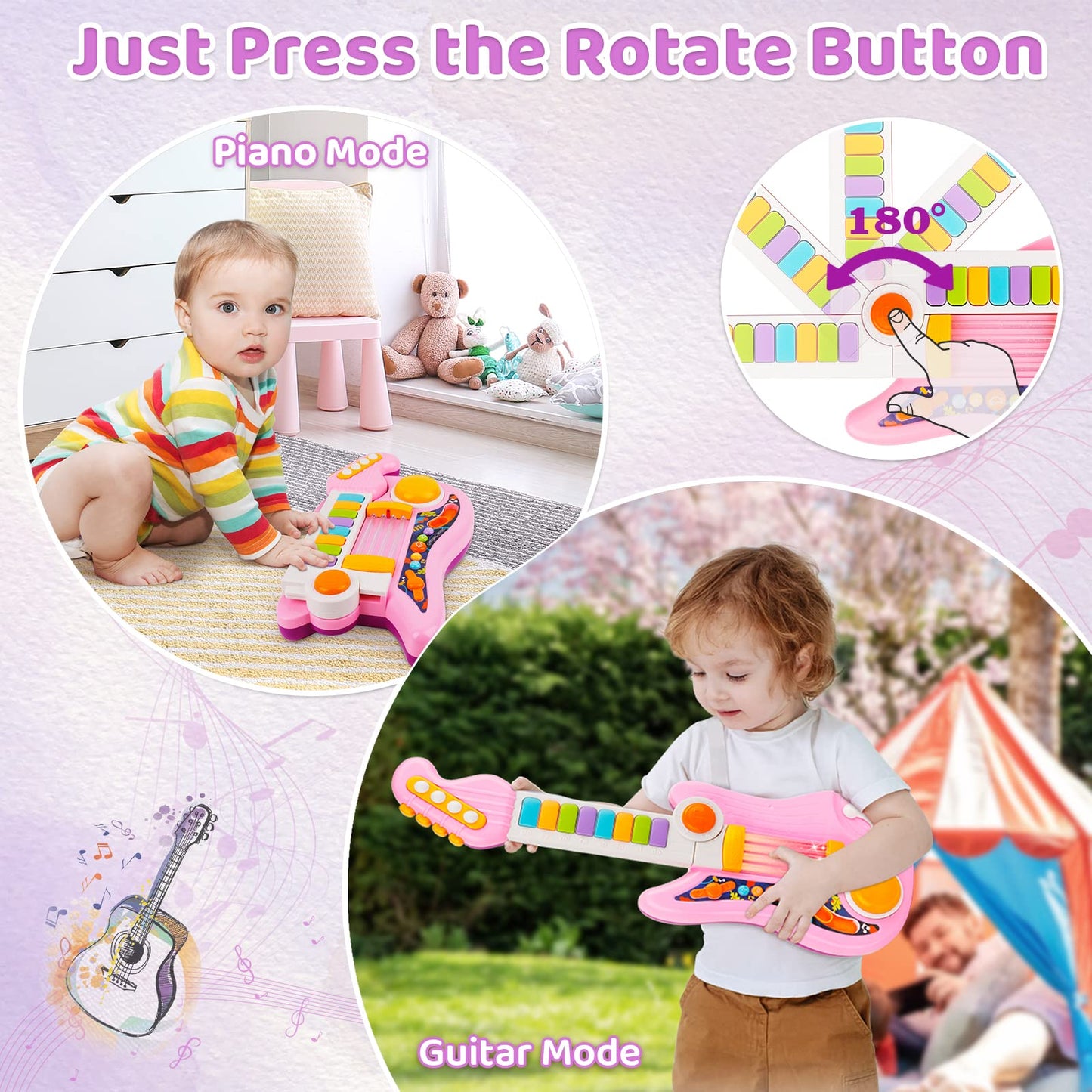Kids Guitar 2 in 1 Musical Instruments for Kid - Fun Piano Toddler Toy & Electric Guitars | Explore Creativity | Unleash Child’s Talent, Music Toys for 2-4 Year Old Boys & Girls (Pink)