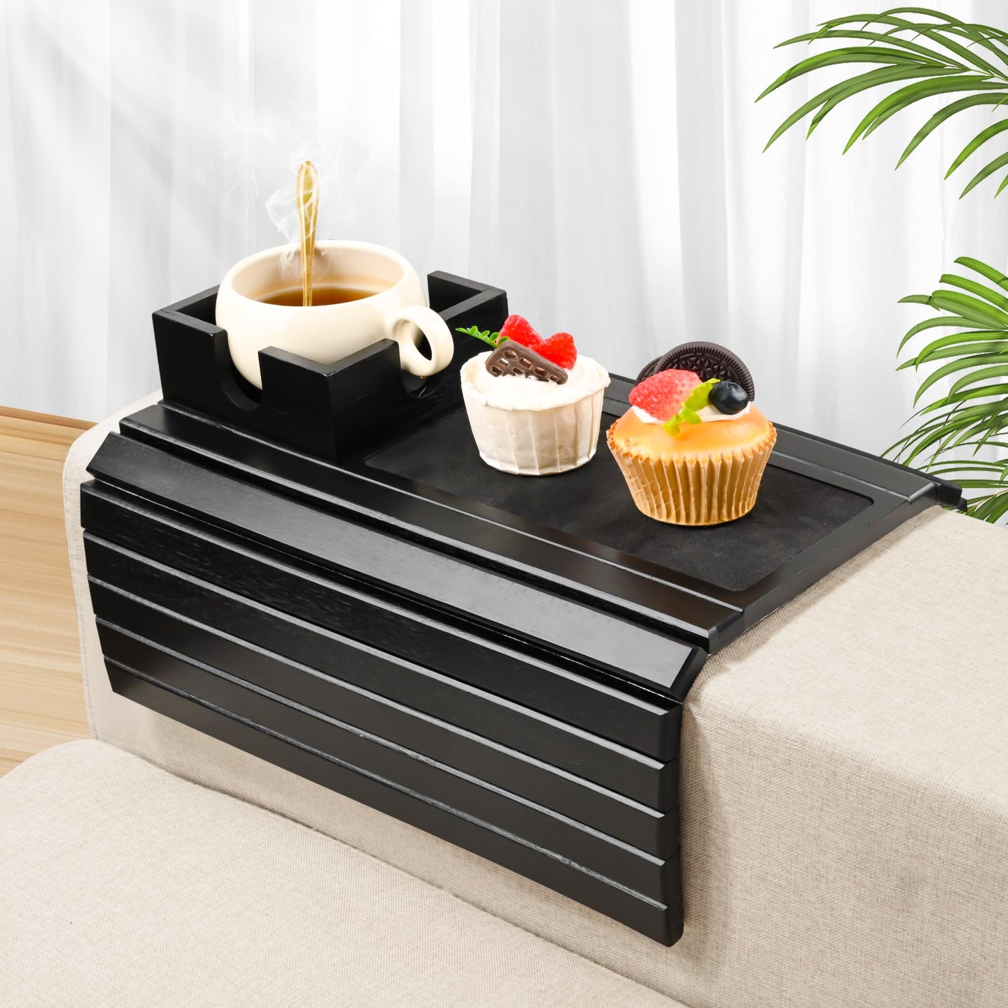 Joy&Grace Sofa Armrest Tray with Large Mug Holder, Bamboo Couch Arm Tray, Anti-Slip Couch Cup Holder Foldable Sofa Arm Table for Eating Drinks Cellphone (Color Black)