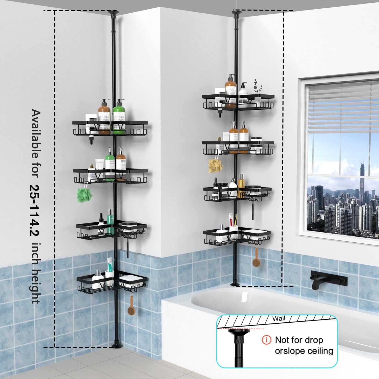 KEGII Corner Shower Caddy Tension Pole, Rustproof Bathroom Organizer with Hooks & Soap Holder, Adjustable from 25 to 114.2 inch, 4-Tier Corner Shower Rack for Bathtub Shampoo Storage - Black