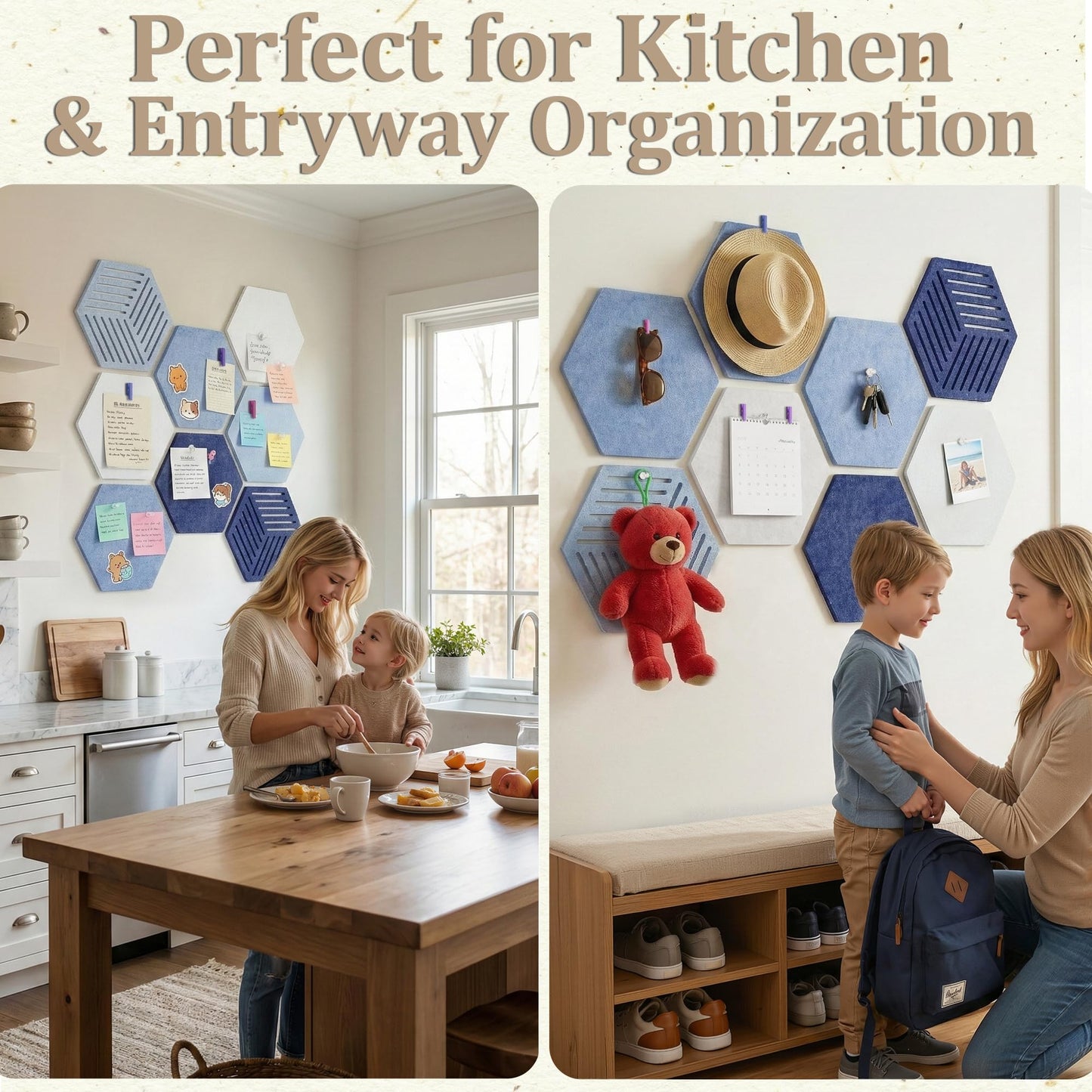 Hexagon Large Felt Bulletin Board Tiles - Cork Board Alternative for Wall 8 Pack Pin Board with 40 Push Pins, DIY Decor for Office Home Classroom Photos Memos